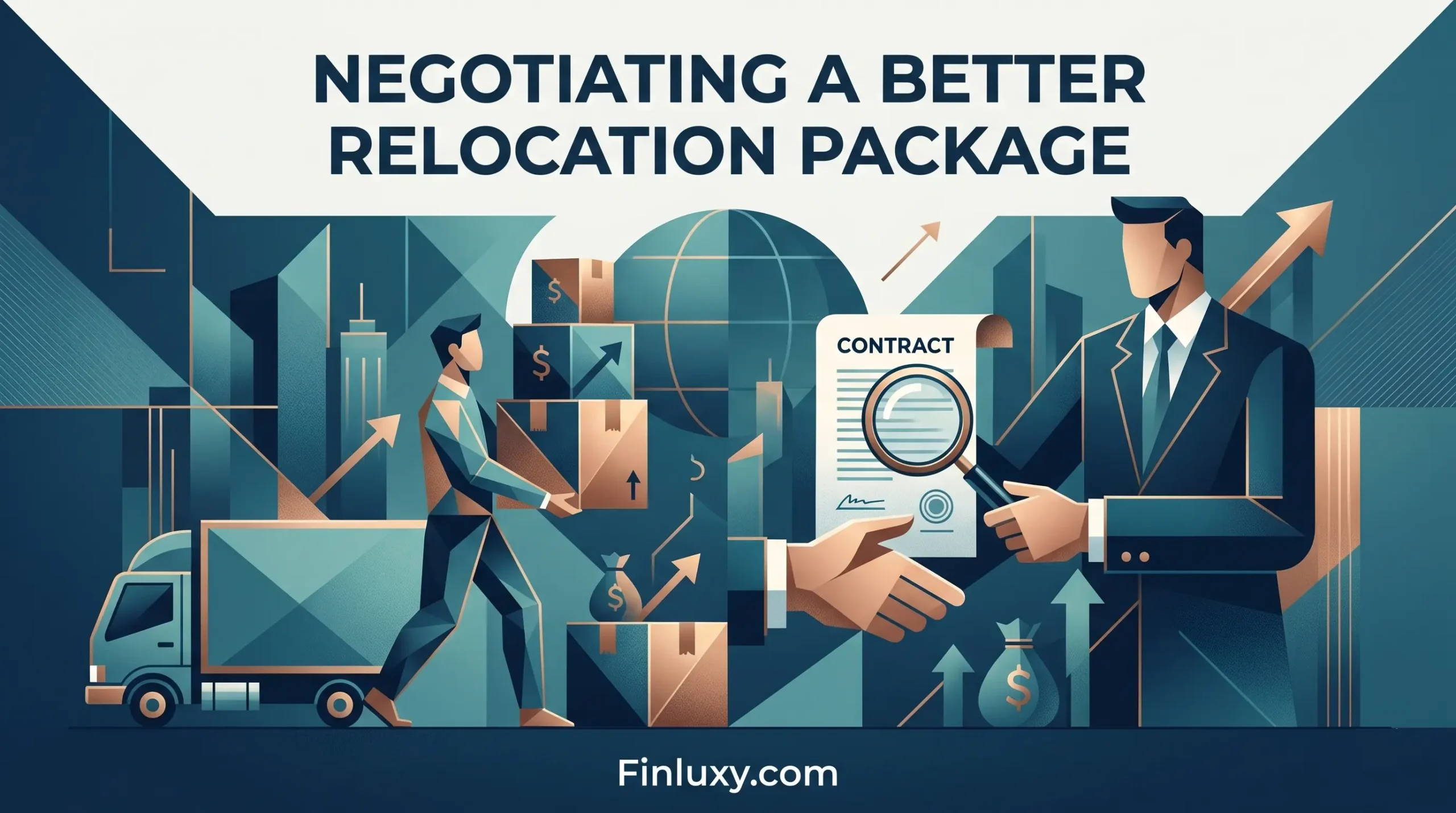 A geometric vector illustration showing a person moving boxes toward a manager holding a contract, representing a relocation package negotiation.