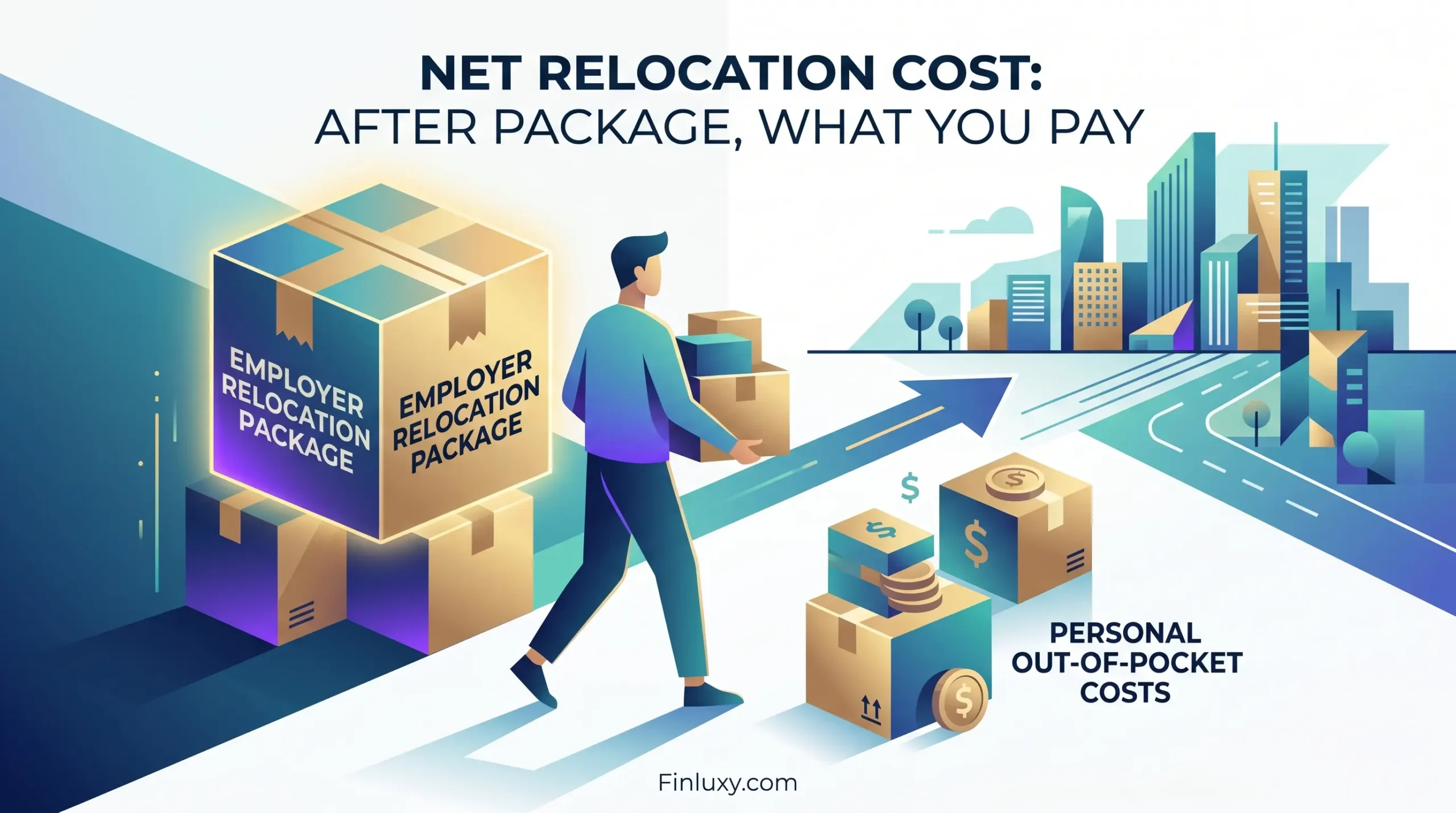 A geometric vector illustration showing a person moving boxes, with some covered by an employer package and others as personal out-of-pocket costs.