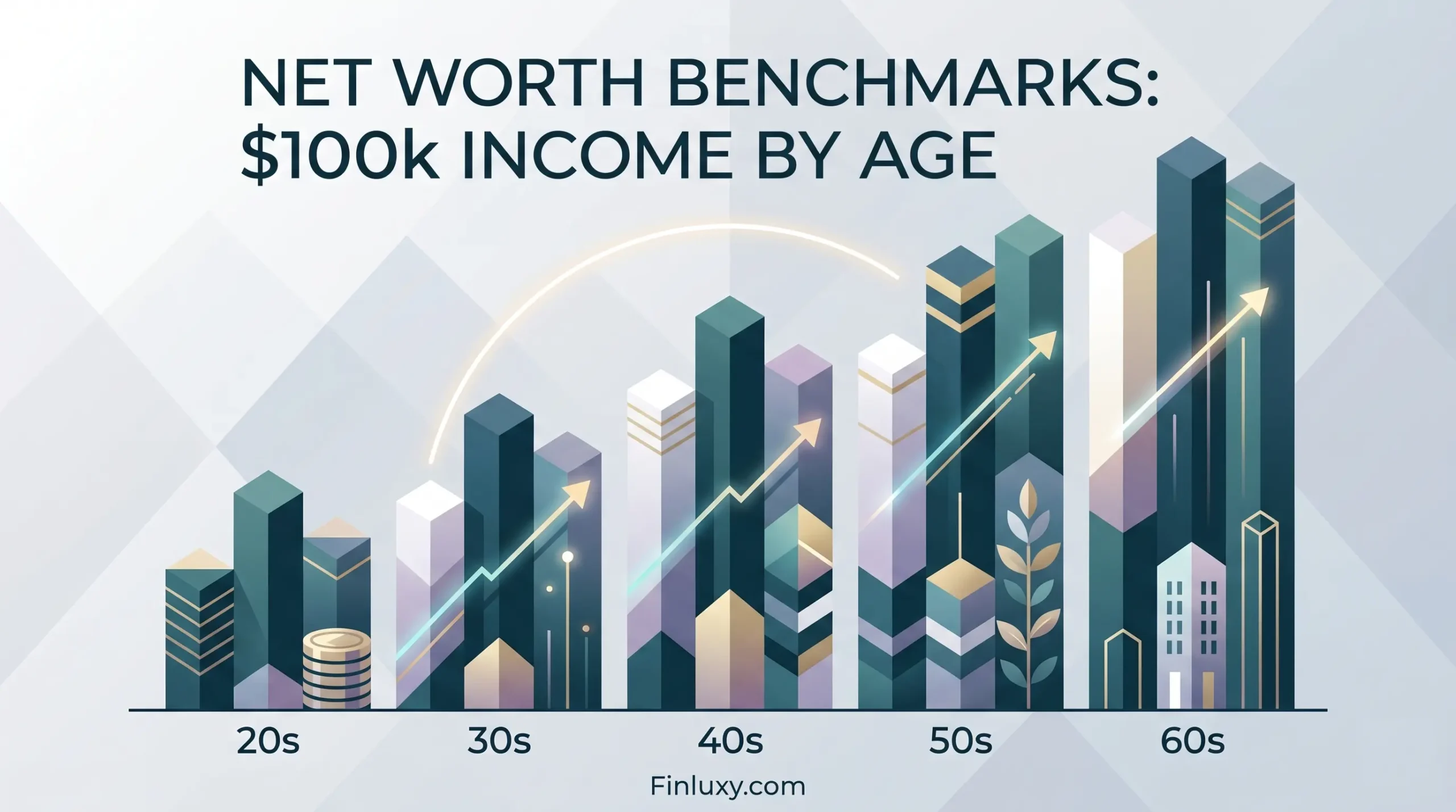 An isometric geometric vector illustration showing ascending financial bar graphs grouped by decade, symbolizing net worth growth.