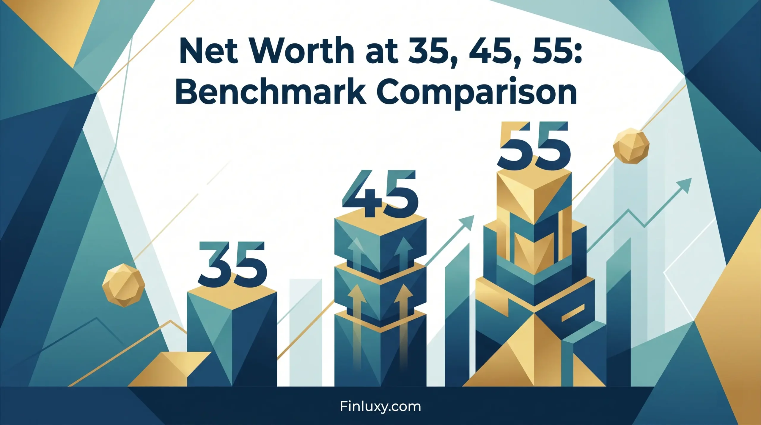 Abstract geometric vector illustration representing financial growth stages alongside the article title for net worth benchmarks.