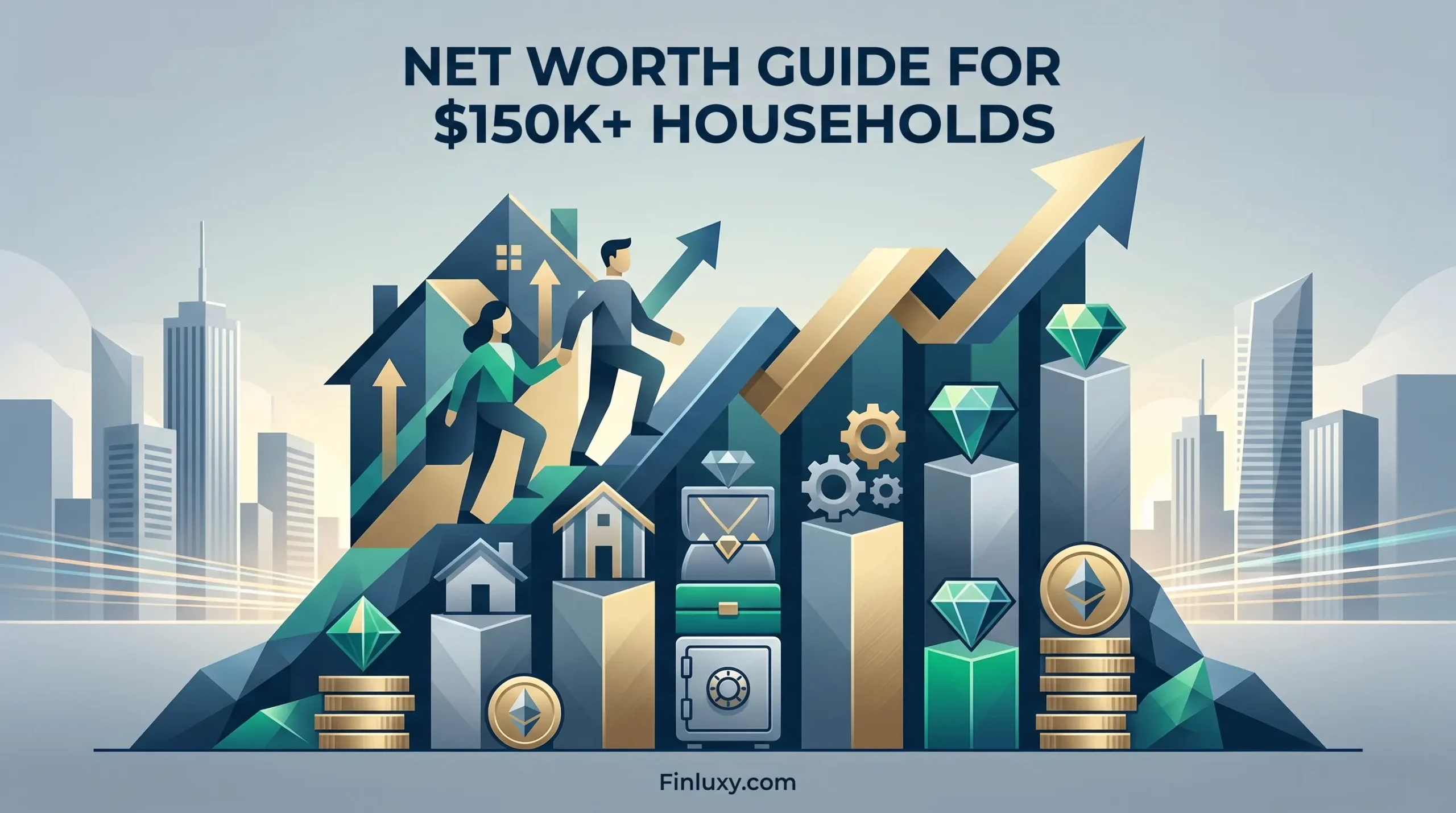 Geometric vector illustration of a couple climbing steps toward financial growth, featuring subtle wealth elements and the Finluxy website logo.
