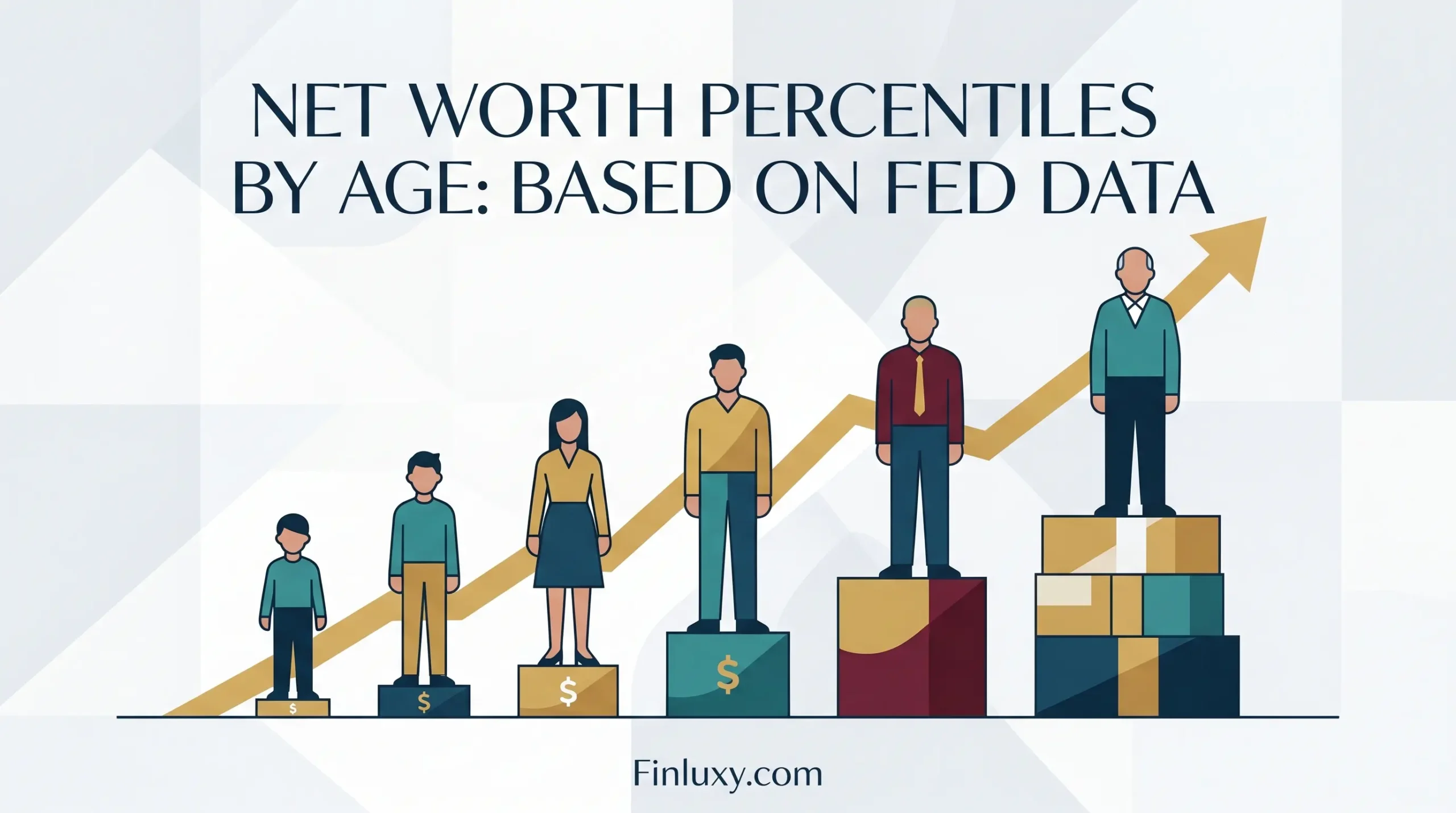 A geometric vector illustration showing people of increasing ages standing on rising blocks, with the headline "Net Worth Percentiles by Age: Based on Fed Data" and "Finluxy.com" at the bottom.