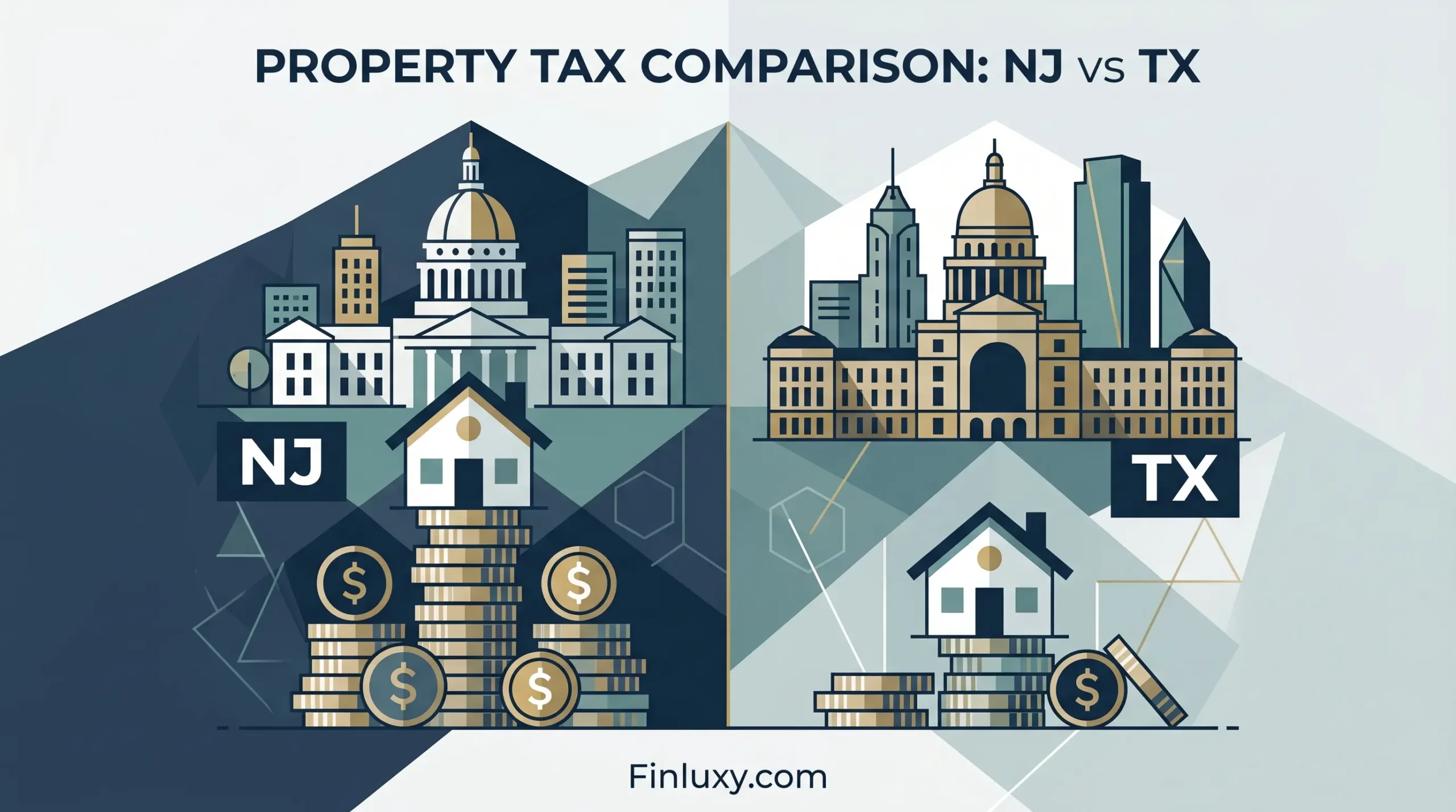 Geometric vector illustration comparing NJ and TX property taxes using state capitol buildings and coin stacks.