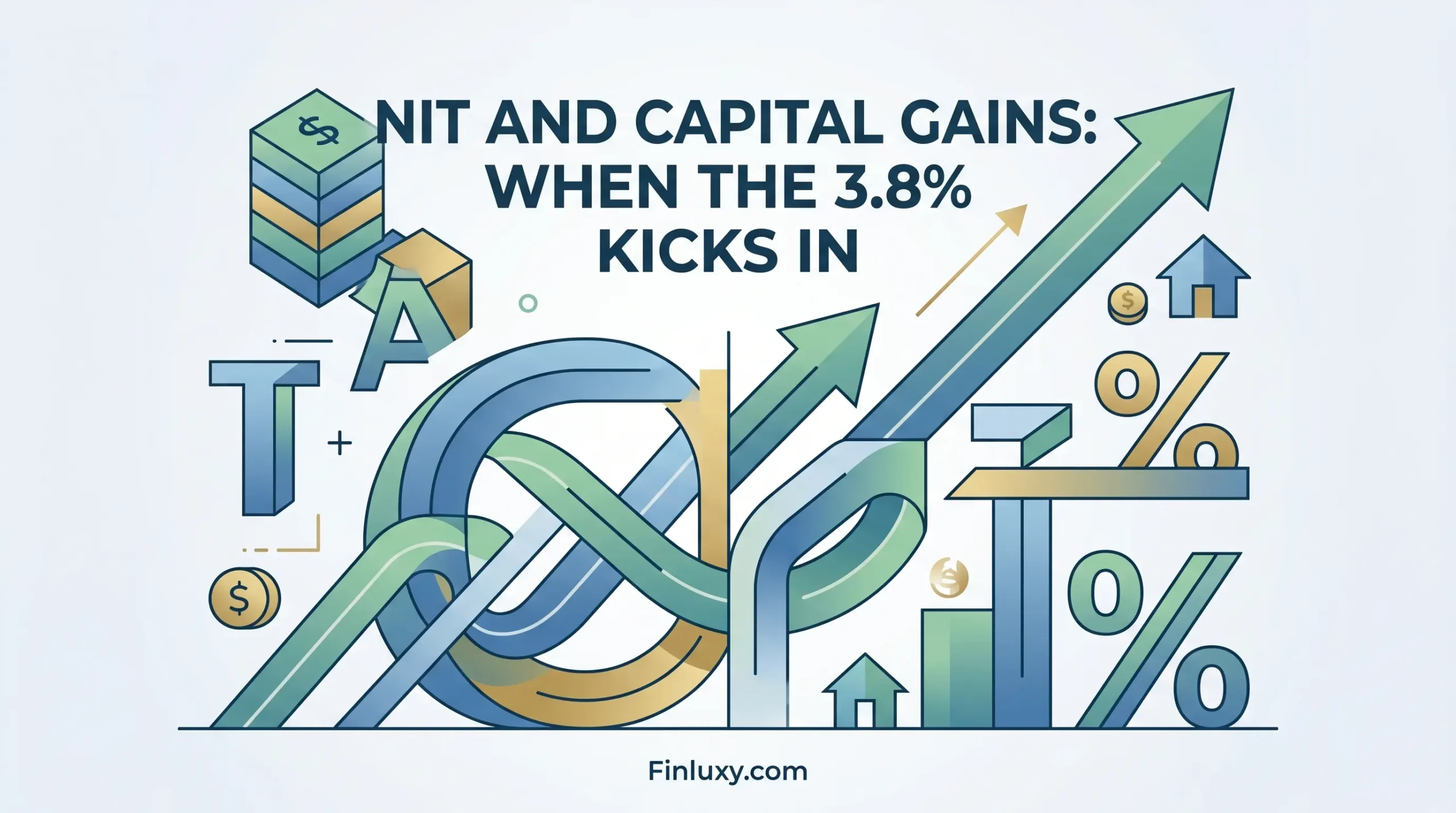 Geometric vector illustration about NIIT and capital gains tax, featuring abstract financial growth arrows and percentage signs on a clean background.