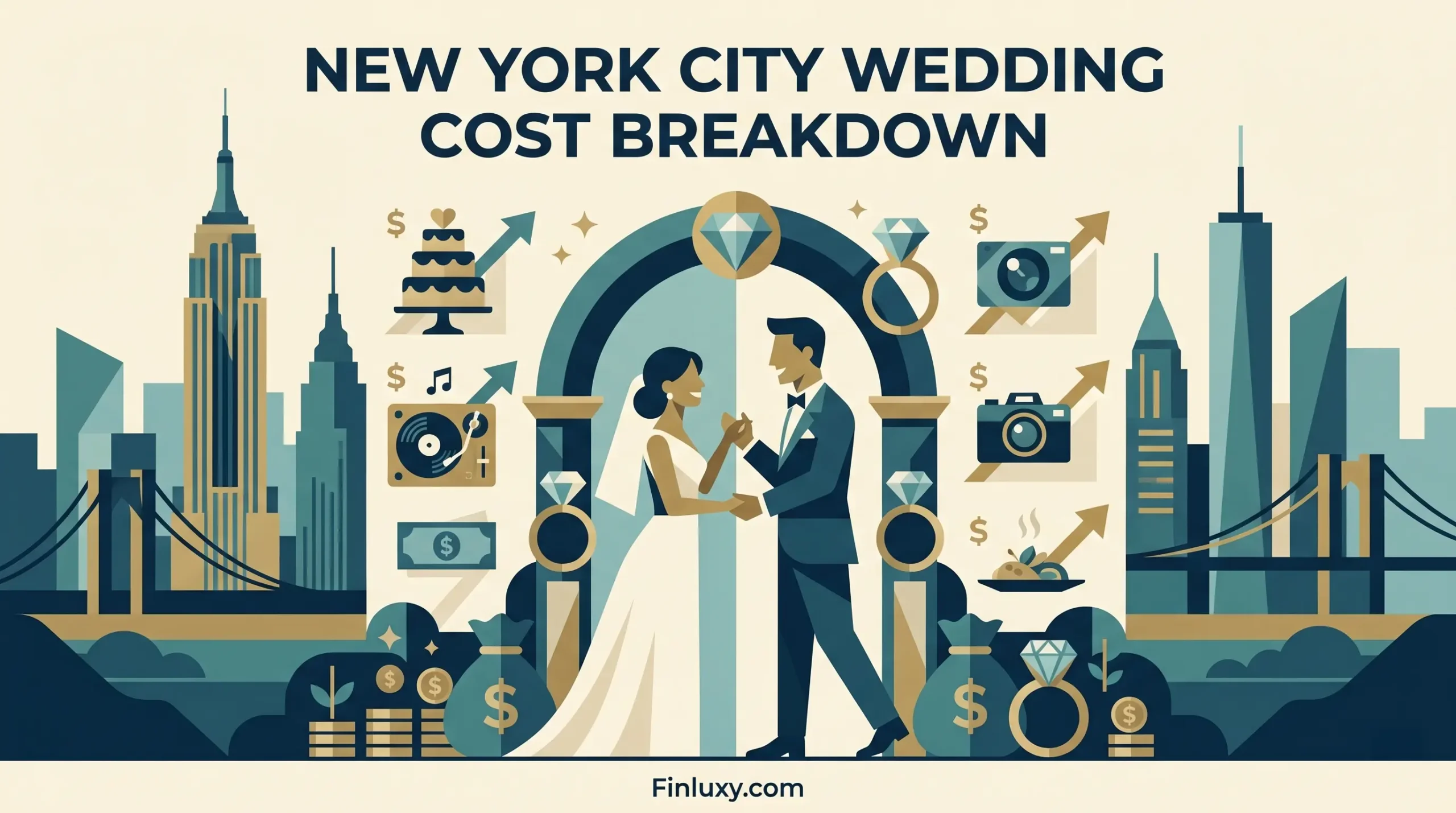 Geometric vector illustration of a wedding couple under an arch, surrounded by NYC skyline elements and subtle financial symbols.