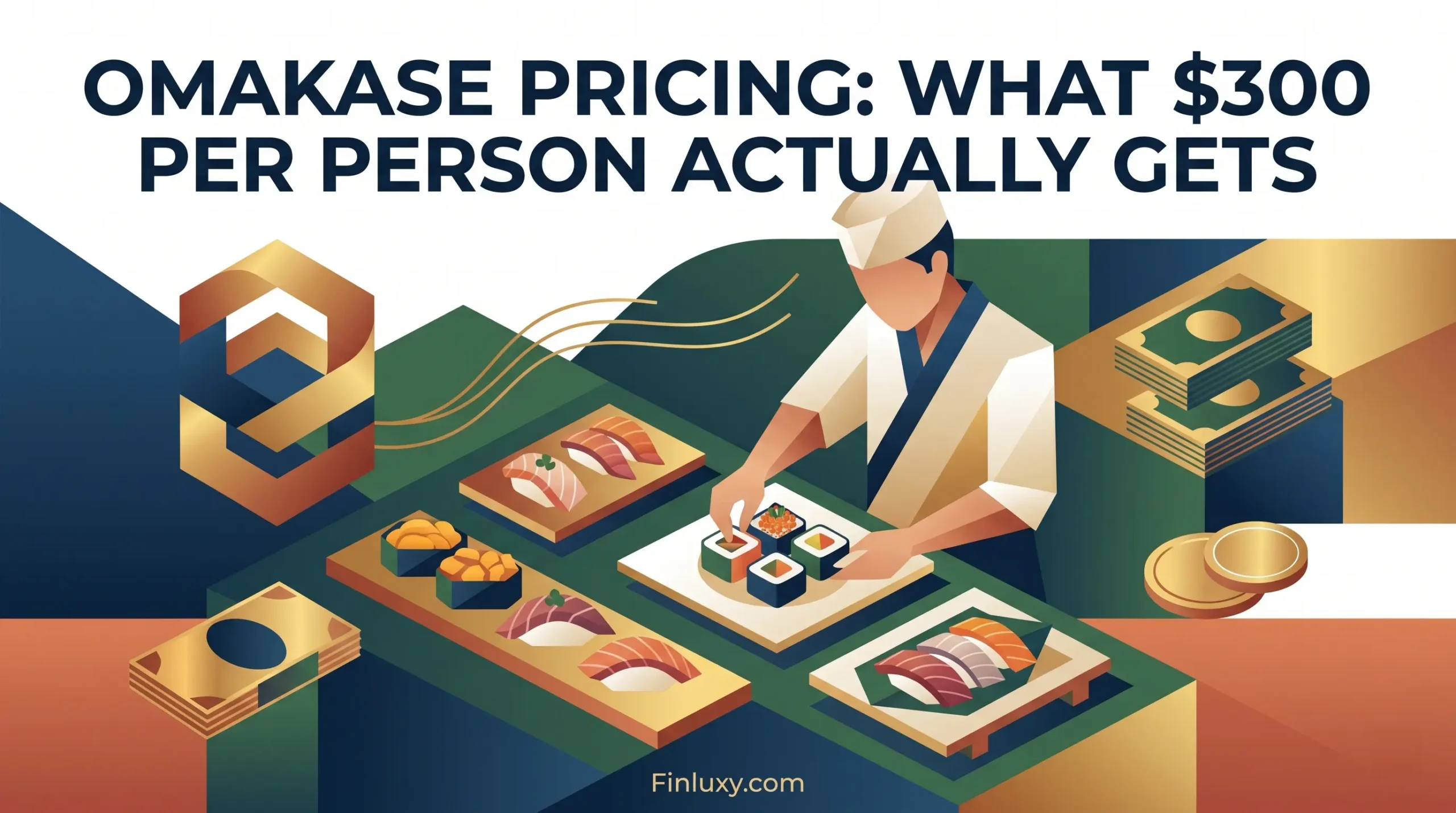 A geometric vector illustration of a sushi chef preparing omakase, with stacks of money alongside plates of sushi.