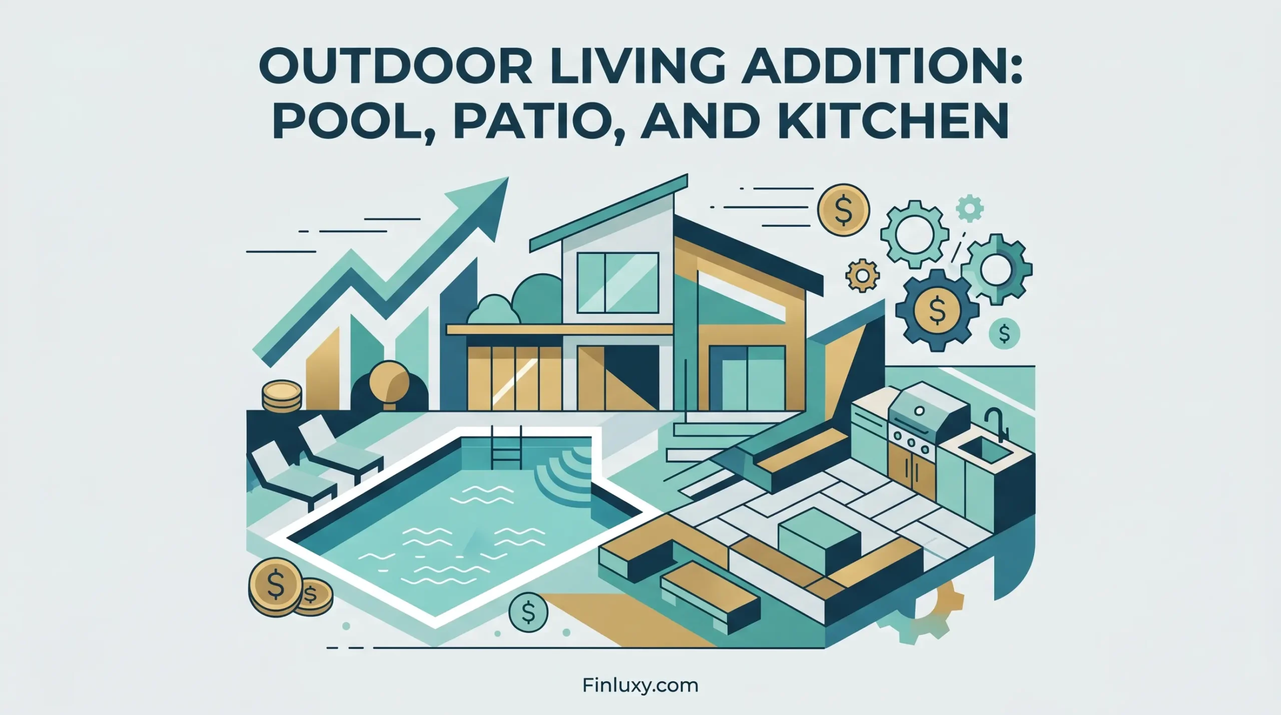 A geometric vector illustration showing a modern house with a pool, patio, and outdoor kitchen, featuring subtle finance icons.