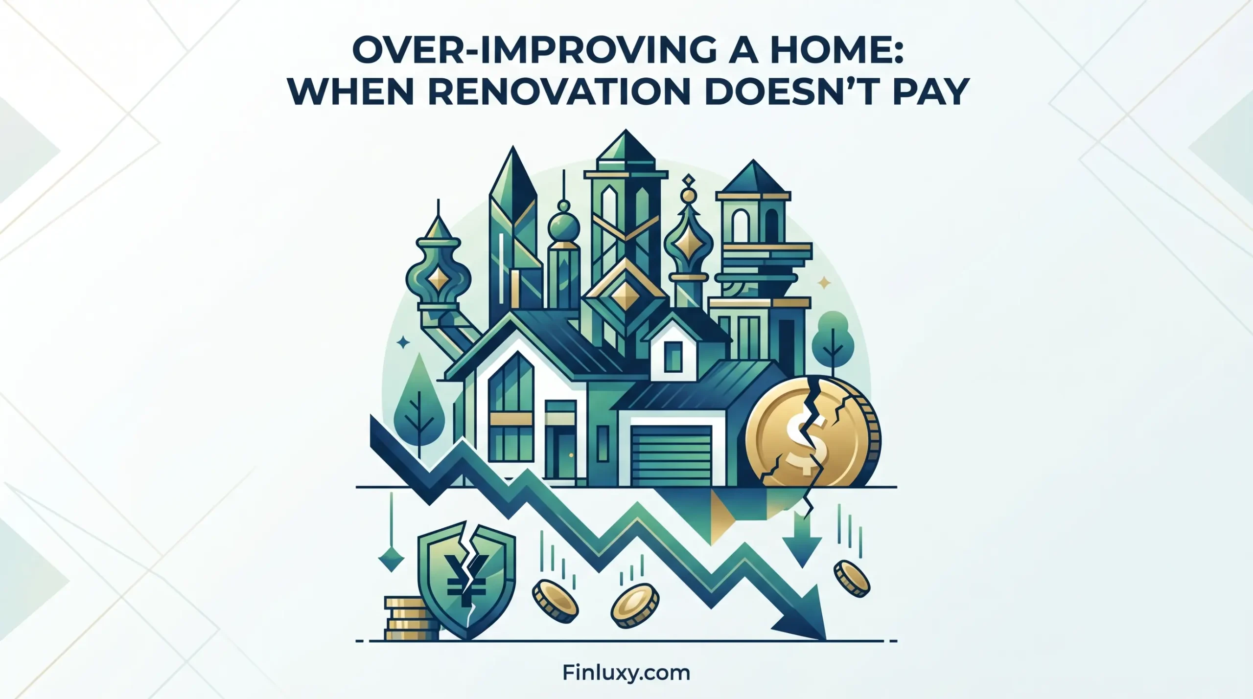 A modern geometric illustration of an excessively renovated house sitting above a downward-trending graph and broken coins.