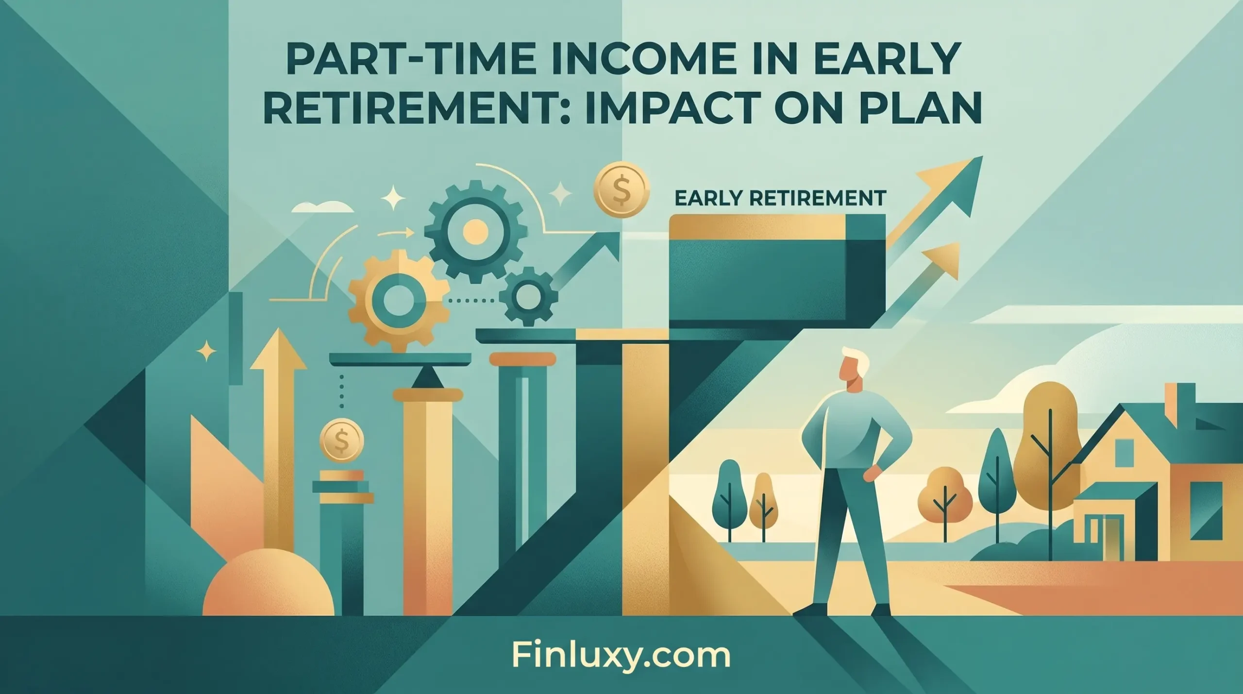 Geometric vector illustration of a person reviewing a retirement plan, with financial gears, upward arrows, and "Finluxy.com" text.