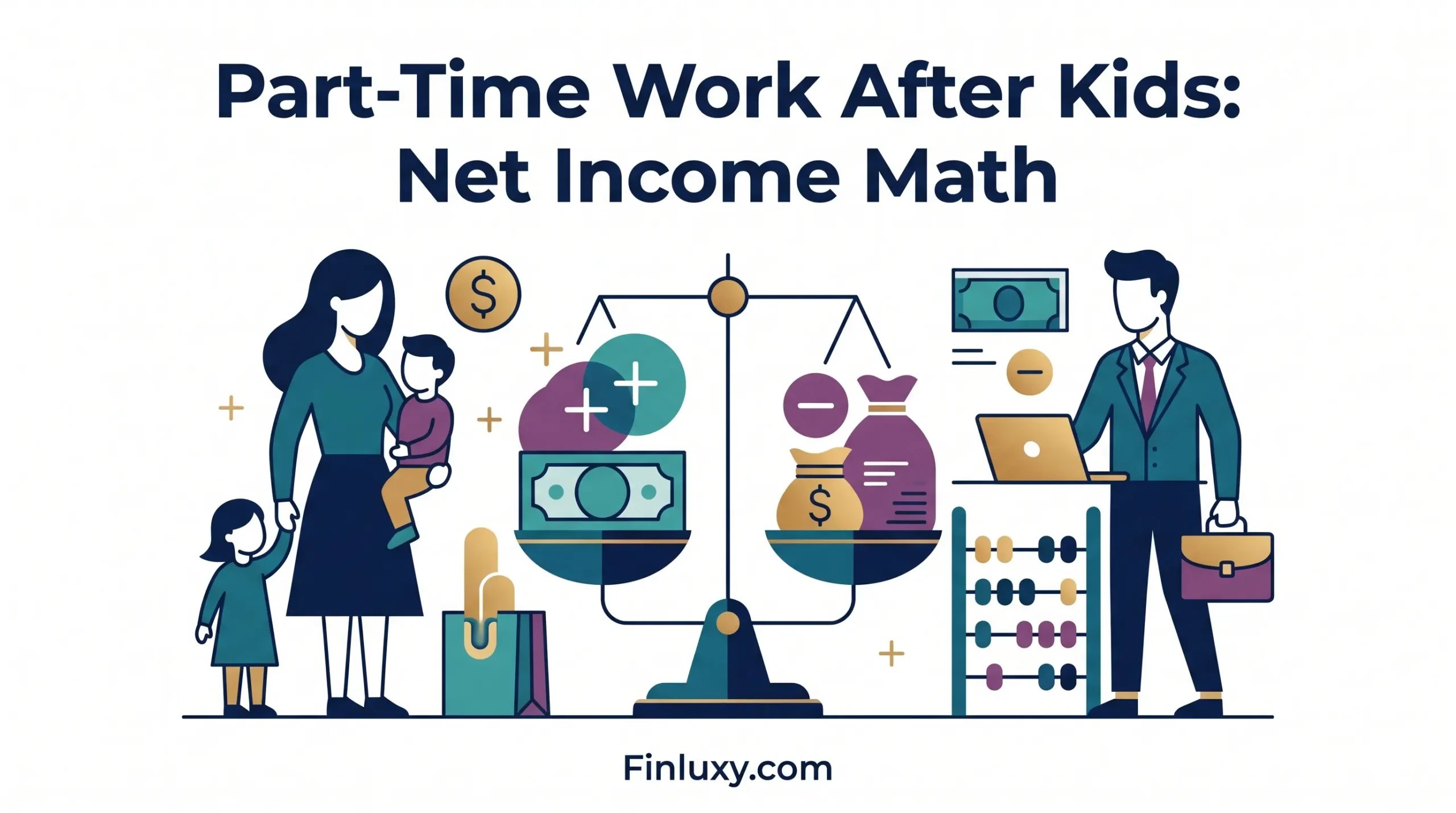 Geometric vector illustration of a scale balancing family and work elements, featuring the headline "Part-Time Work After Kids: Net Income Math."