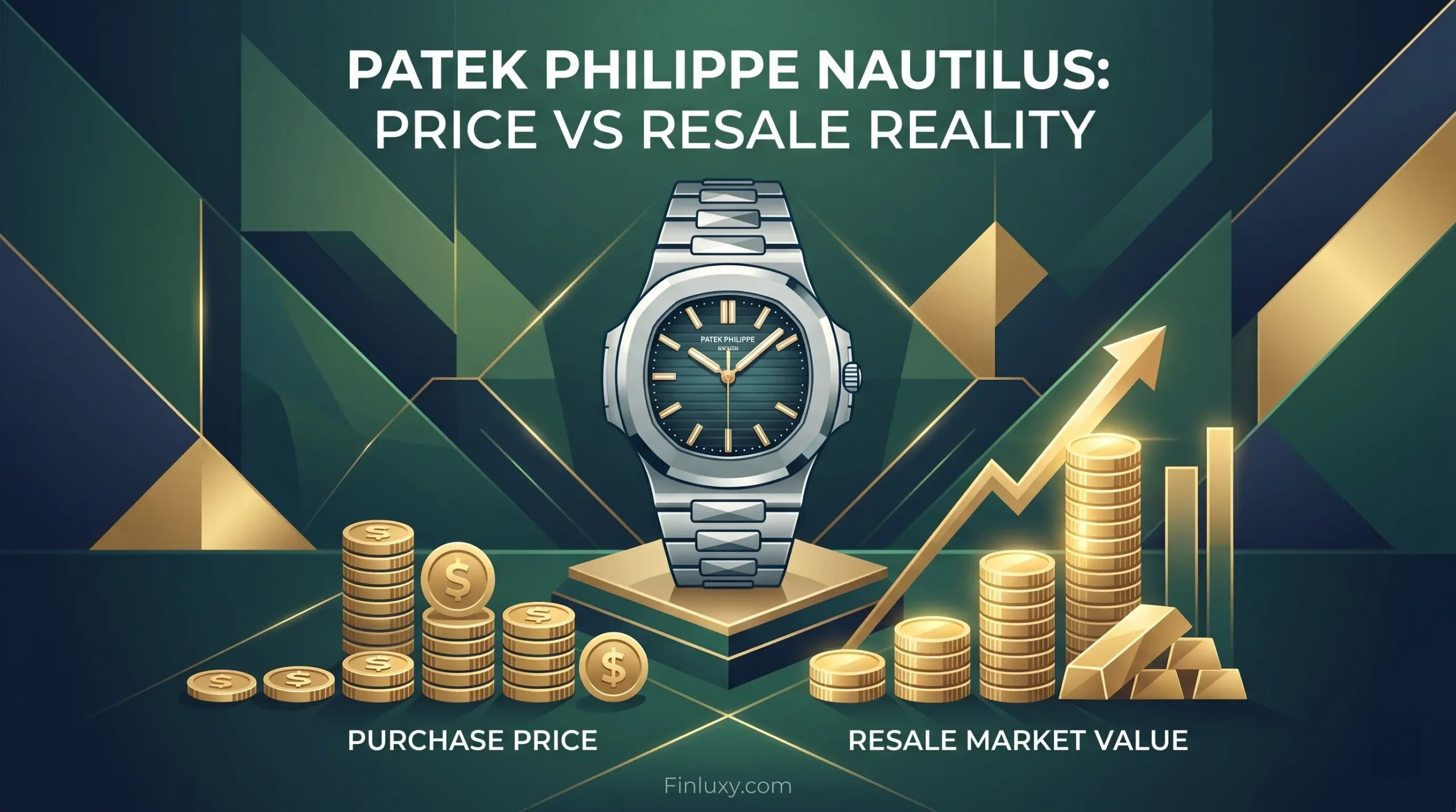 Geometric illustration of a Patek Philippe Nautilus watch on a plinth, comparing two different-sized money stacks to represent resale value difference.
