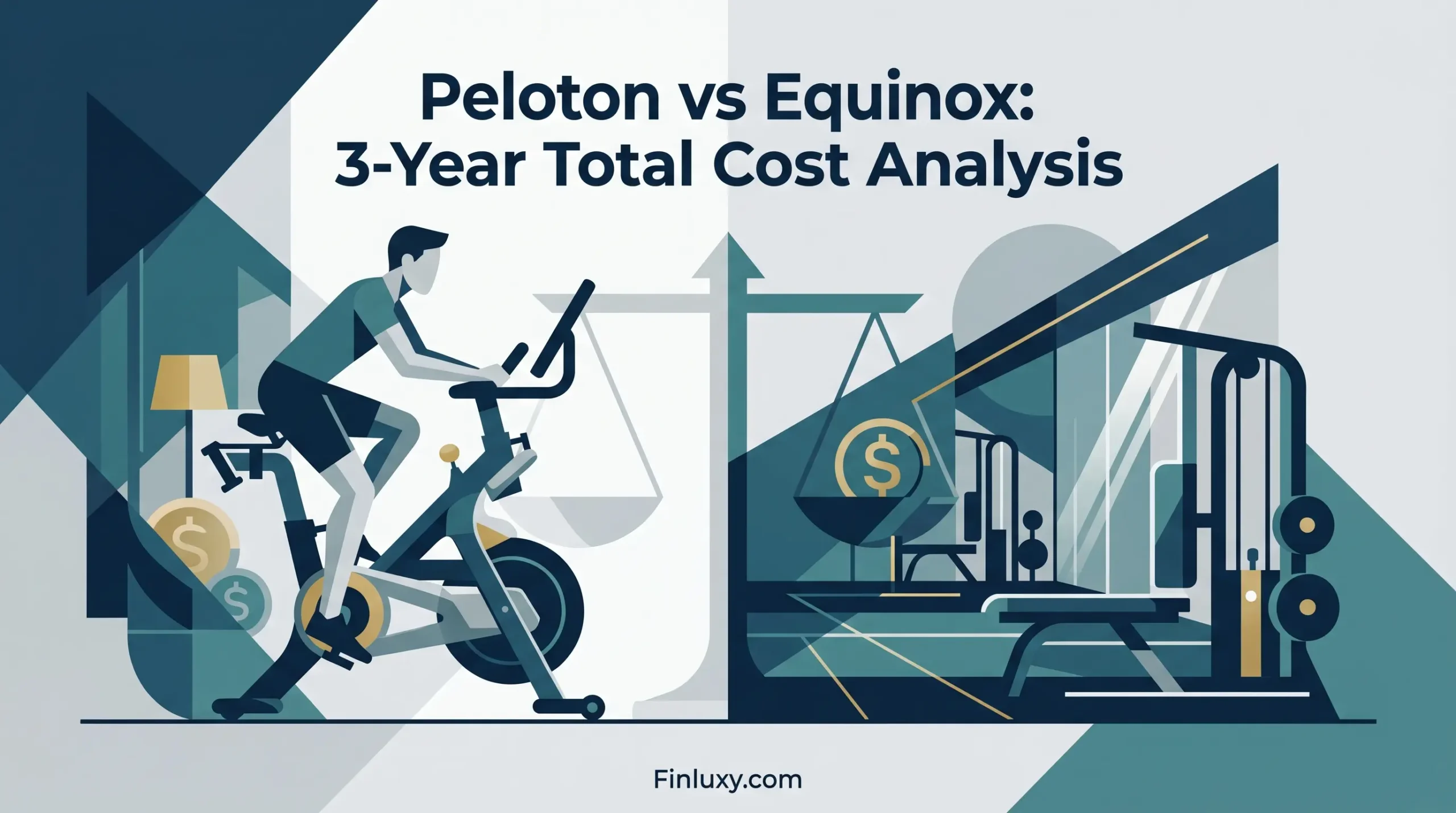 Geometric vector illustration comparing a home exercise bike and a premium gym, balancing financial costs for a personal finance article.