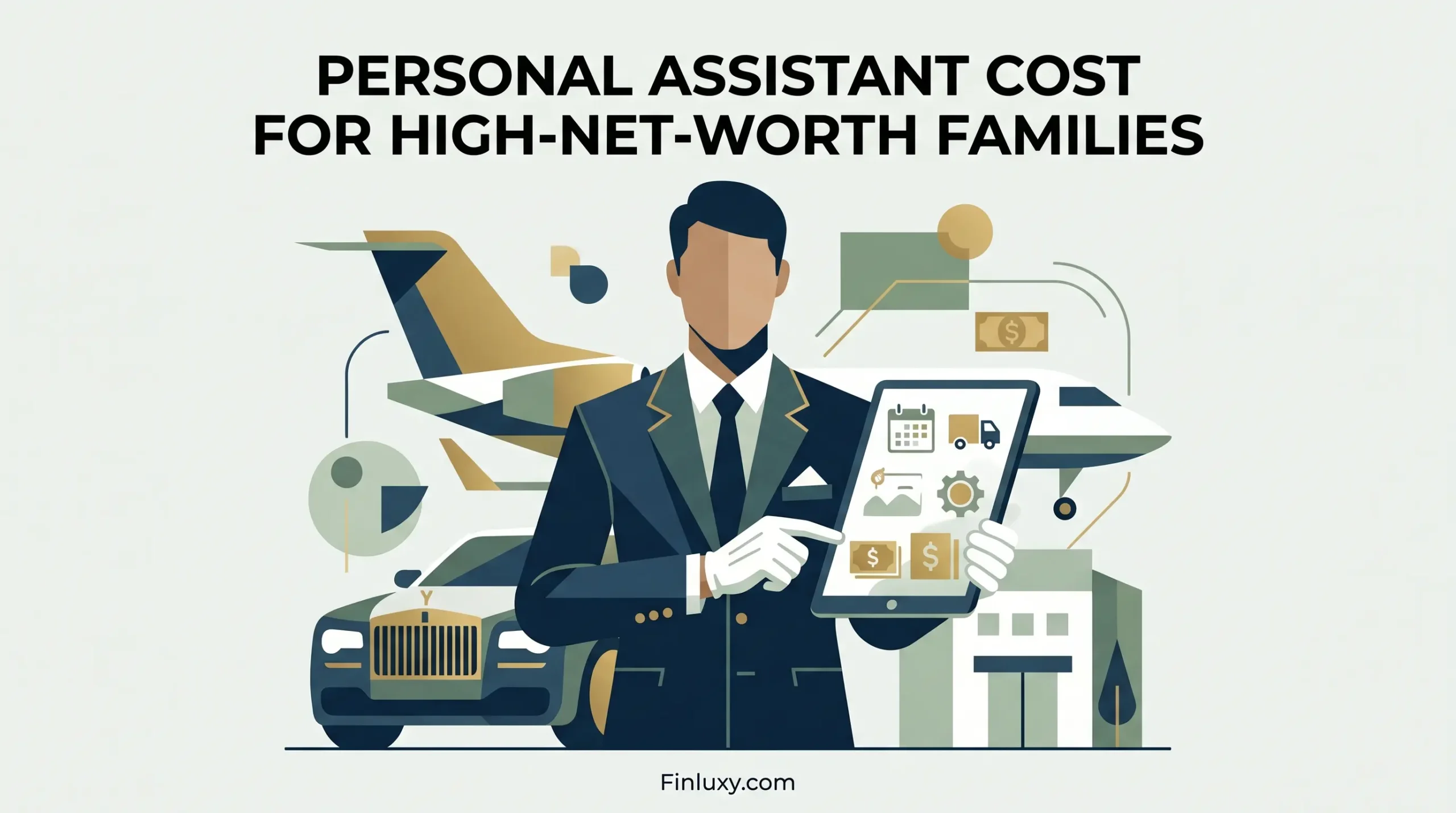 A stylized geometric illustration of a male personal assistant in a suit, handling wealth and logistics for high-net-worth clients.