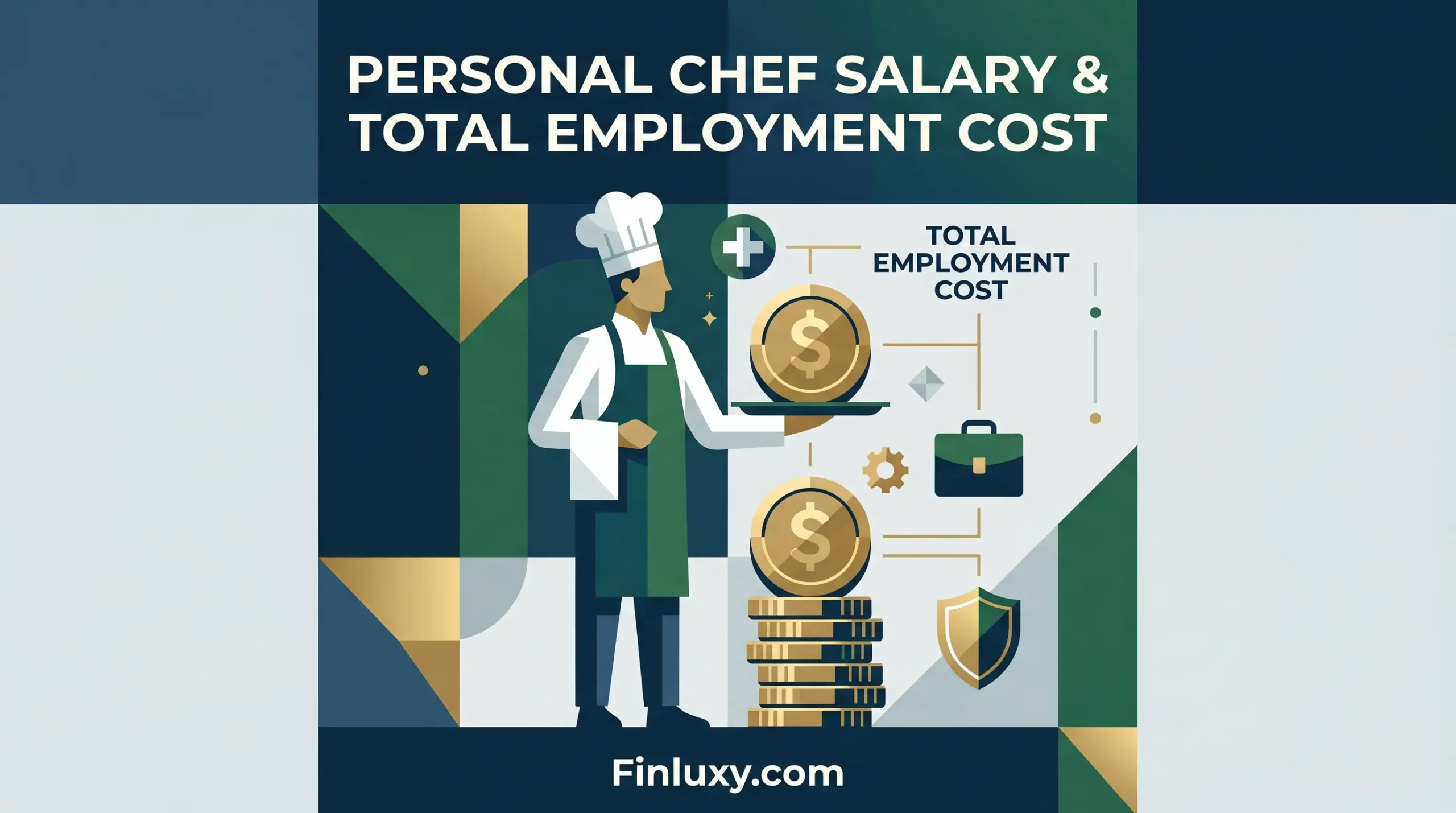 Geometric illustration of a chef balancing stacks of large dollar coins, with financial icons and text.