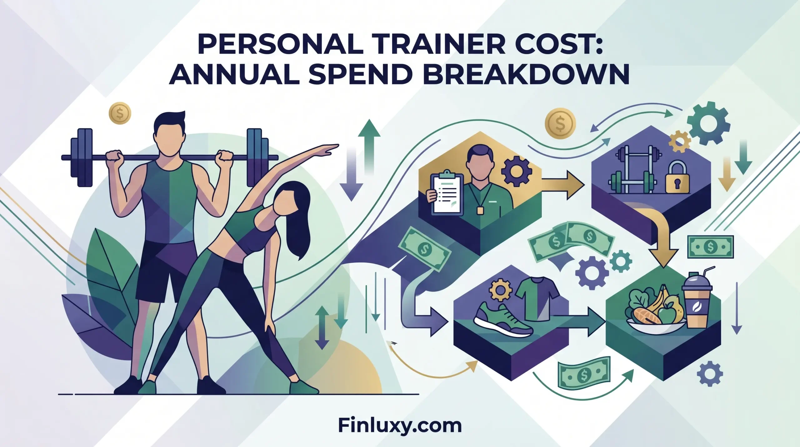 Vector illustration of people exercising and isometric blocks representing personal trainer costs for Finluxy.com.