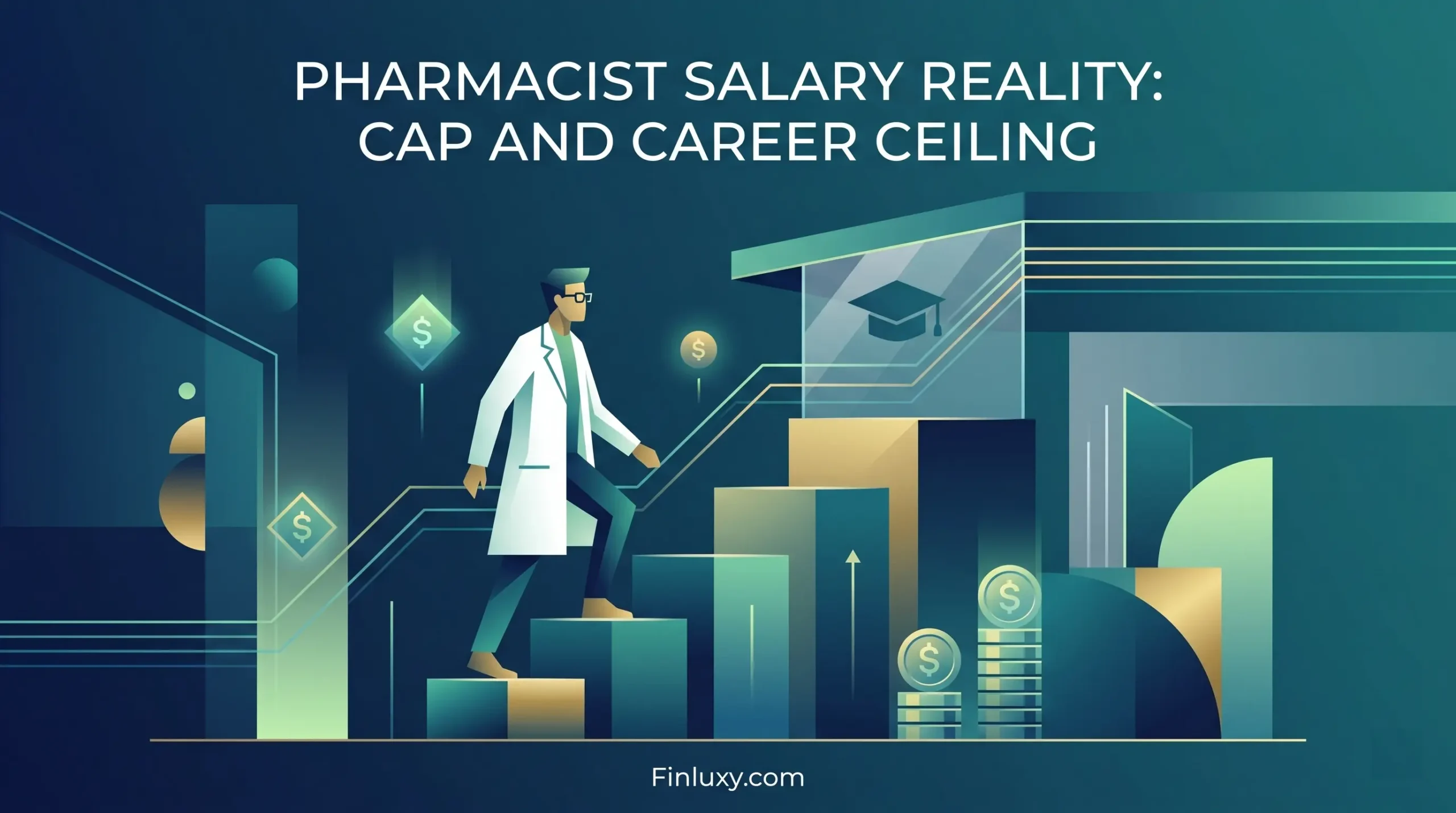 Minimalist illustration of a pharmacist climbing steps toward a visible career ceiling and salary cap.