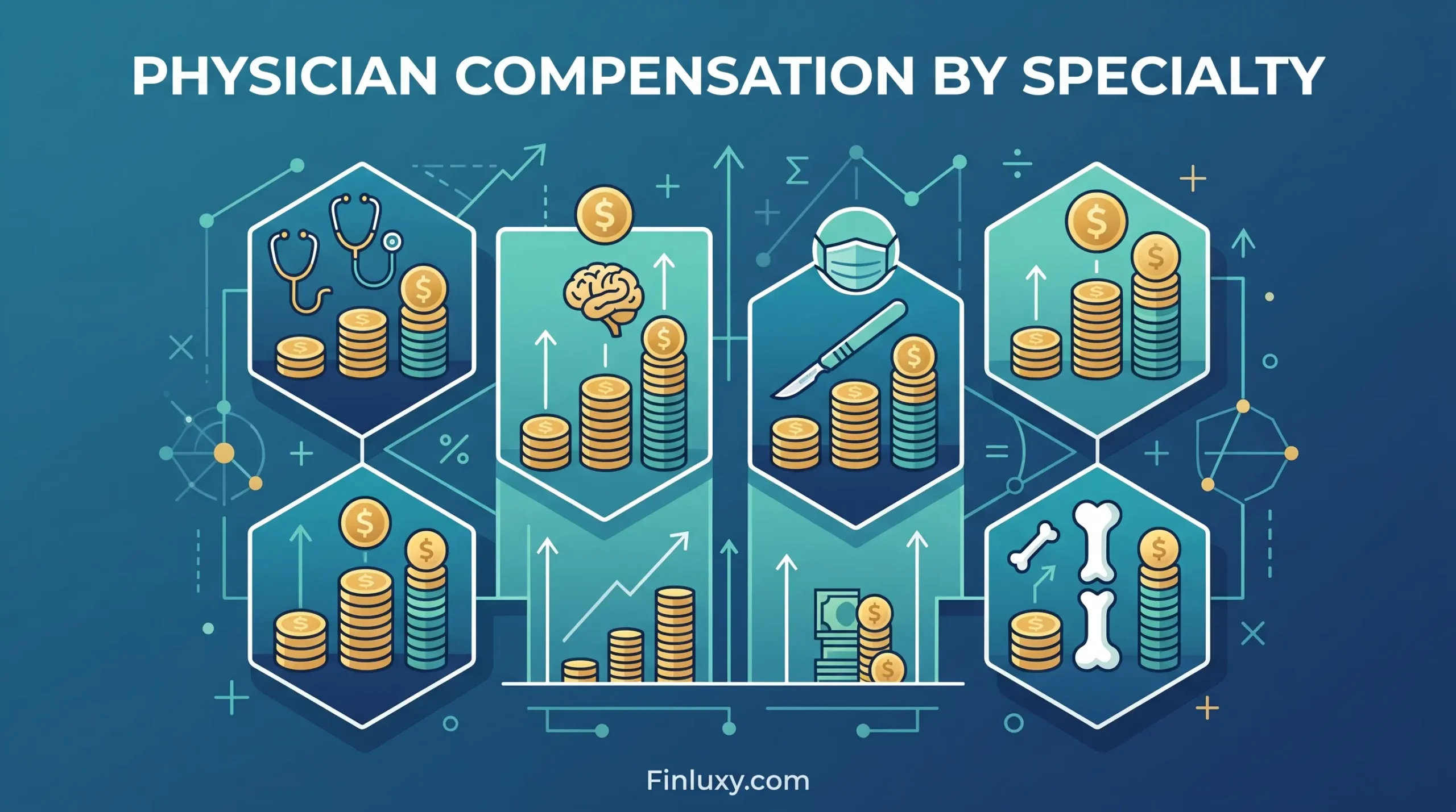 Geometric illustration comparing medical specialties using icons like a stethoscope and scalpel next to varying stacks of coins.