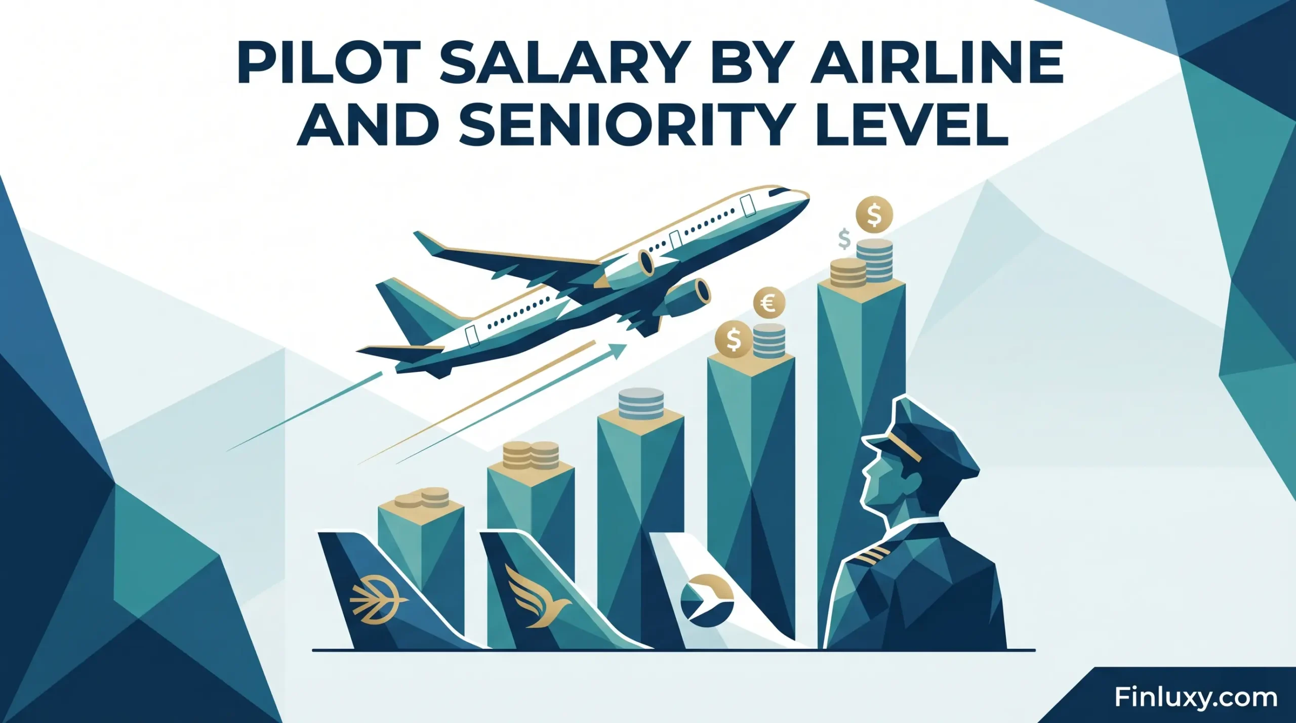 A geometric vector illustration showing a pilot silhouette, a rising bar chart with coins, an airplane, and airline tail fins.