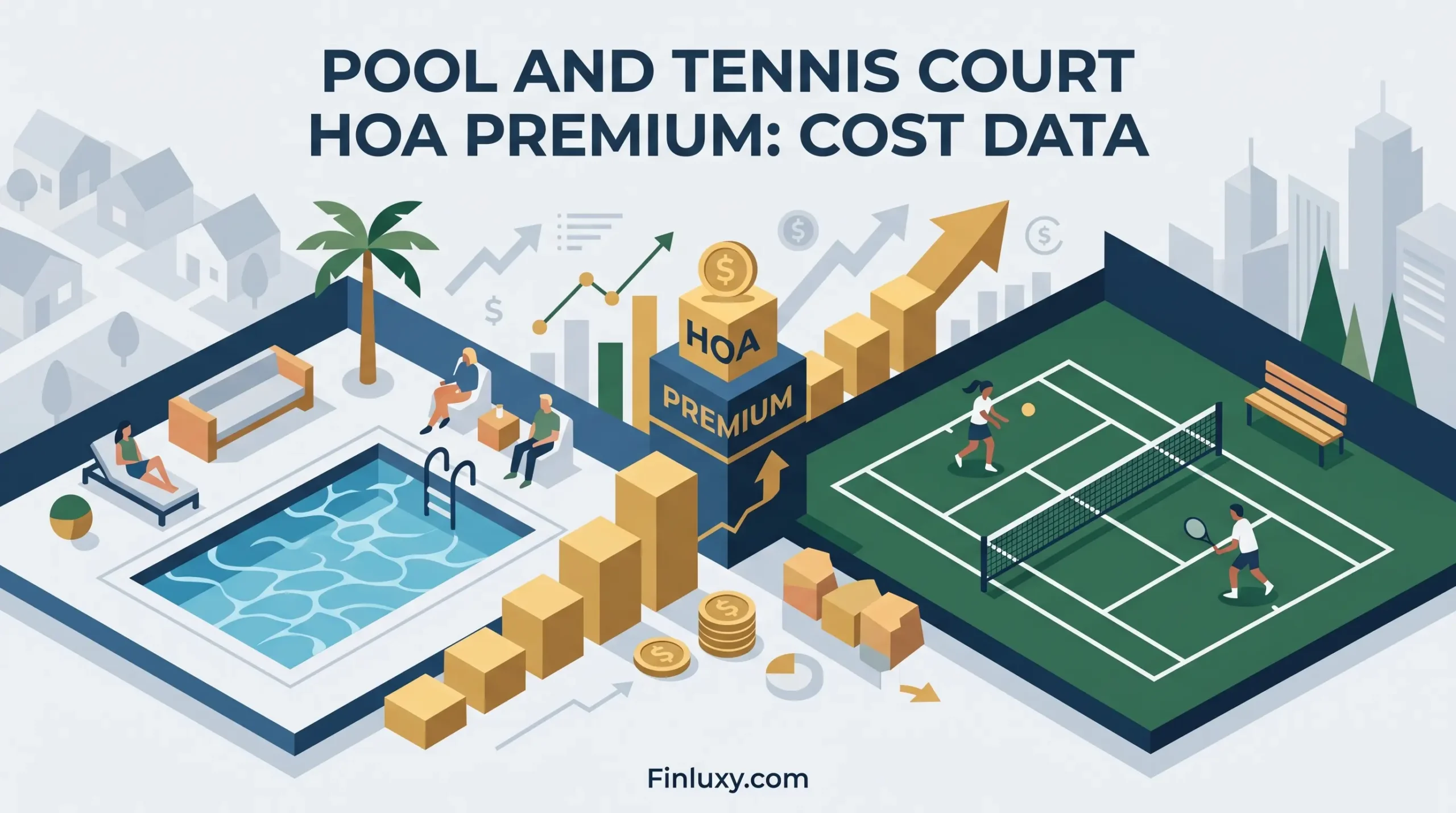 An isometric illustration showing a swimming pool area and a tennis court with rising bars indicating HOA premium costs and data.