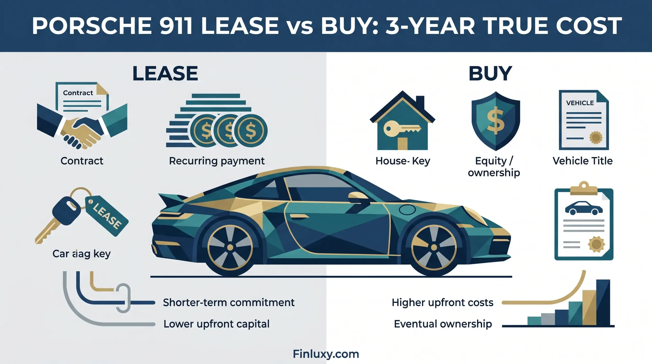 A modern geometric illustration comparing leasing versus buying a Porsche 911, with the headline "Porsche 911 Lease vs Buy."