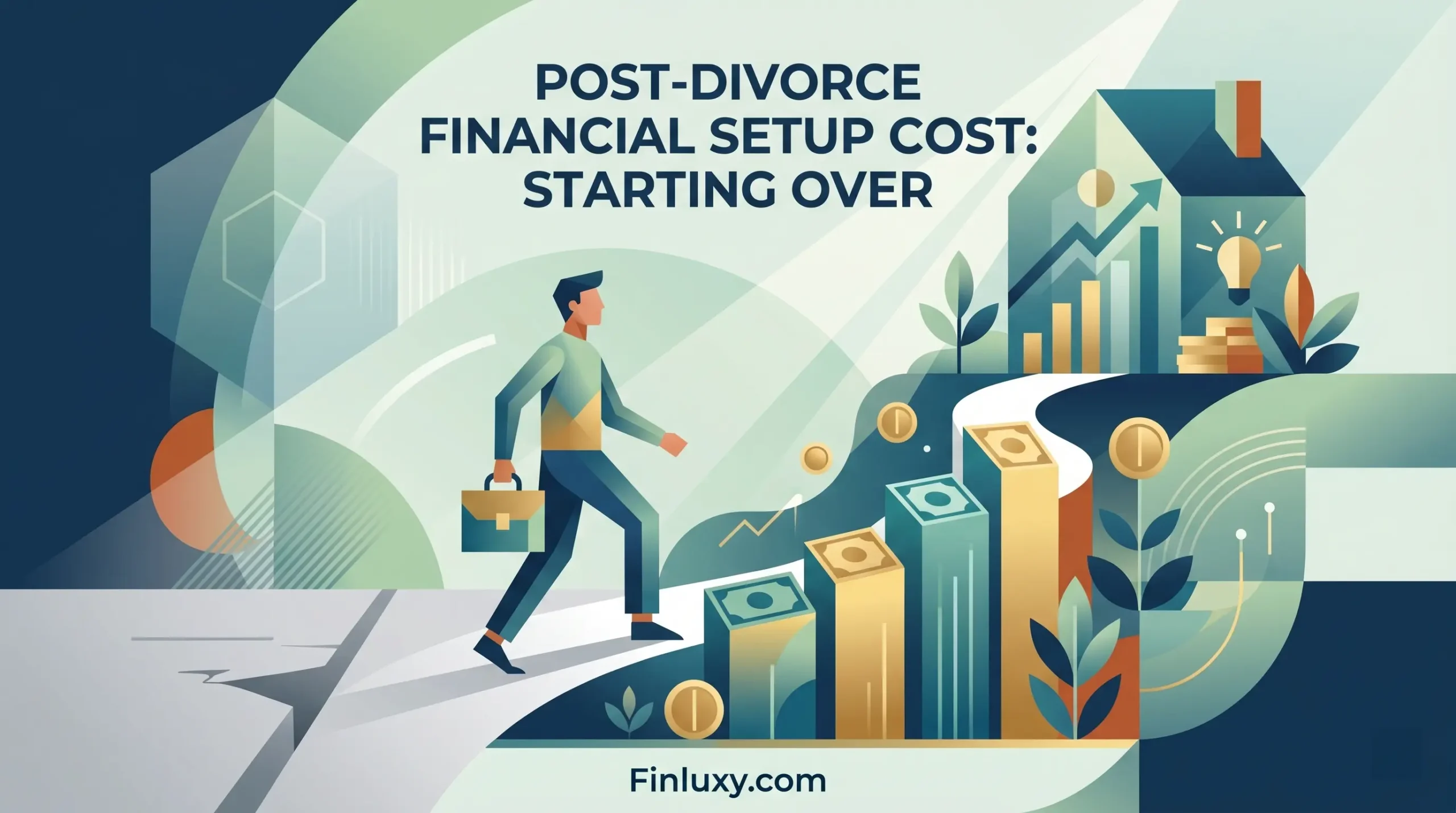 Modern geometric illustration of a figure stepping upward on financial blocks towards a new home, symbolizing financial rebuilding.