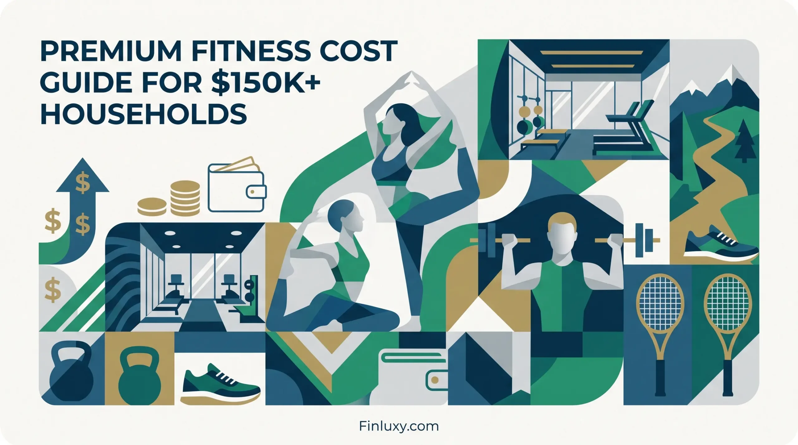 Geometric vector illustration of people exercising and fitness elements in green and blue, with article title and Finluxy.com.