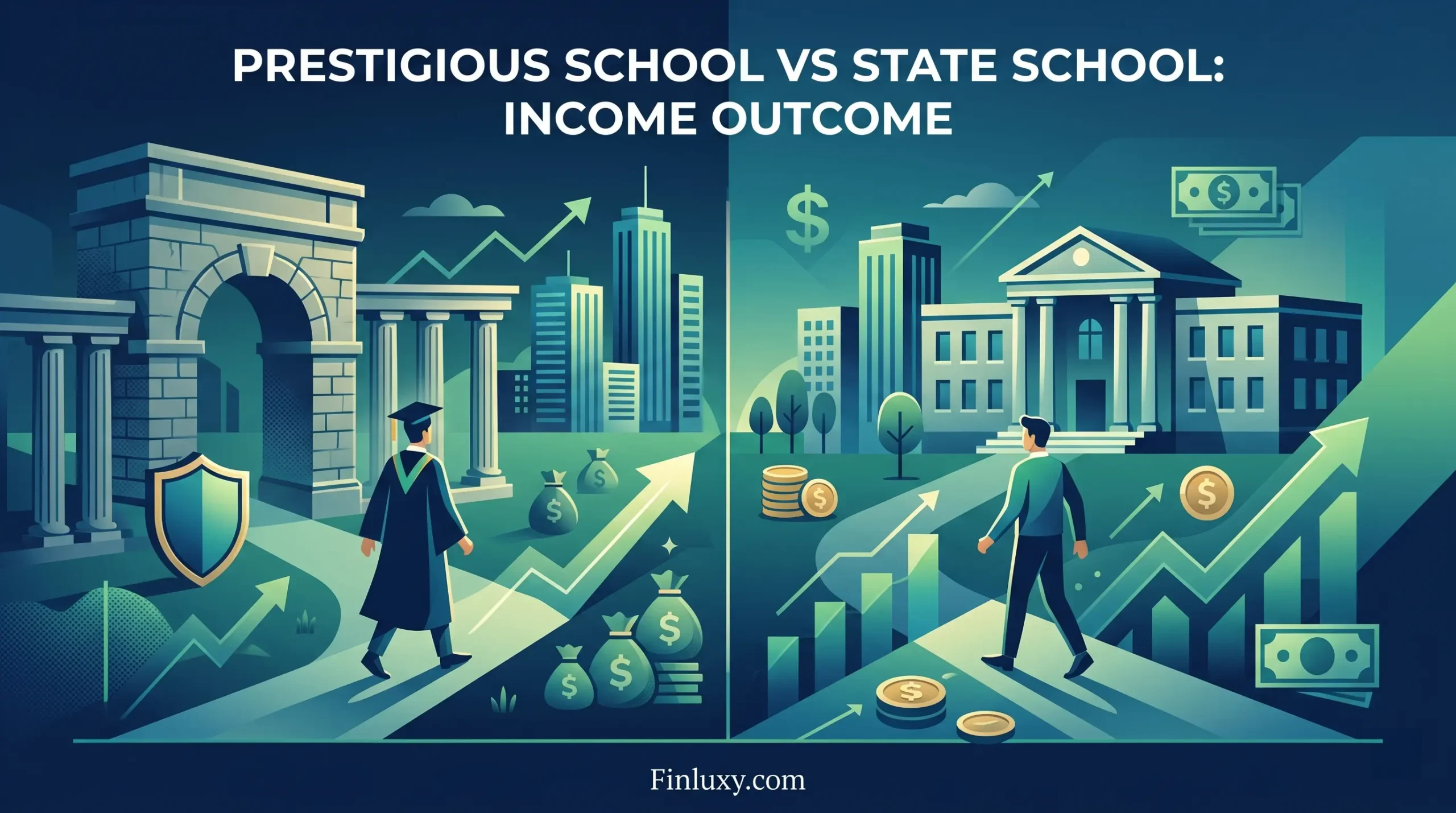 Minimalist geometric illustration comparing financial growth paths of prestigious and state school graduates using upward trends and abstract buildings.