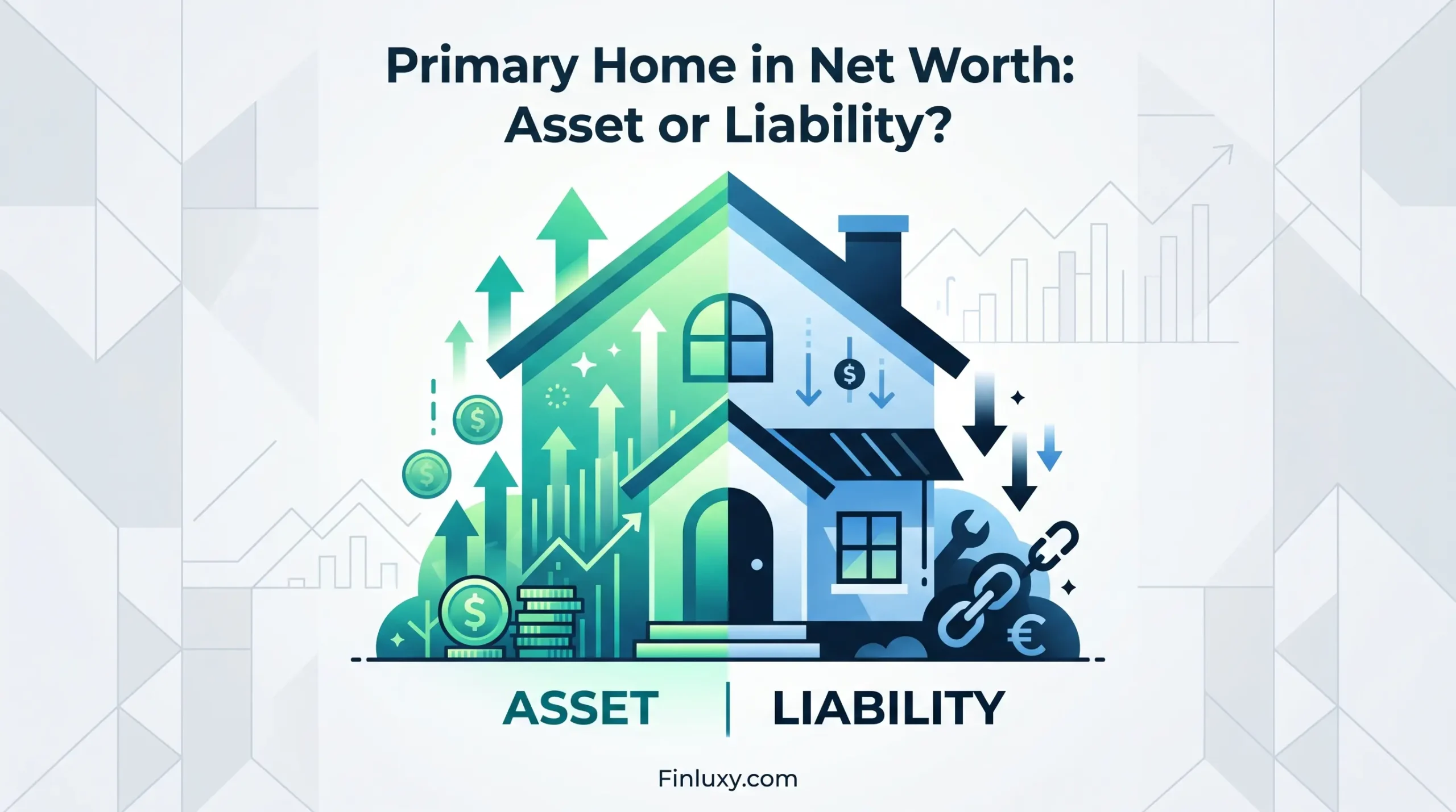 A split-view geometric illustration of a house, contrasting its value as a financial asset with its costs as a liability.
