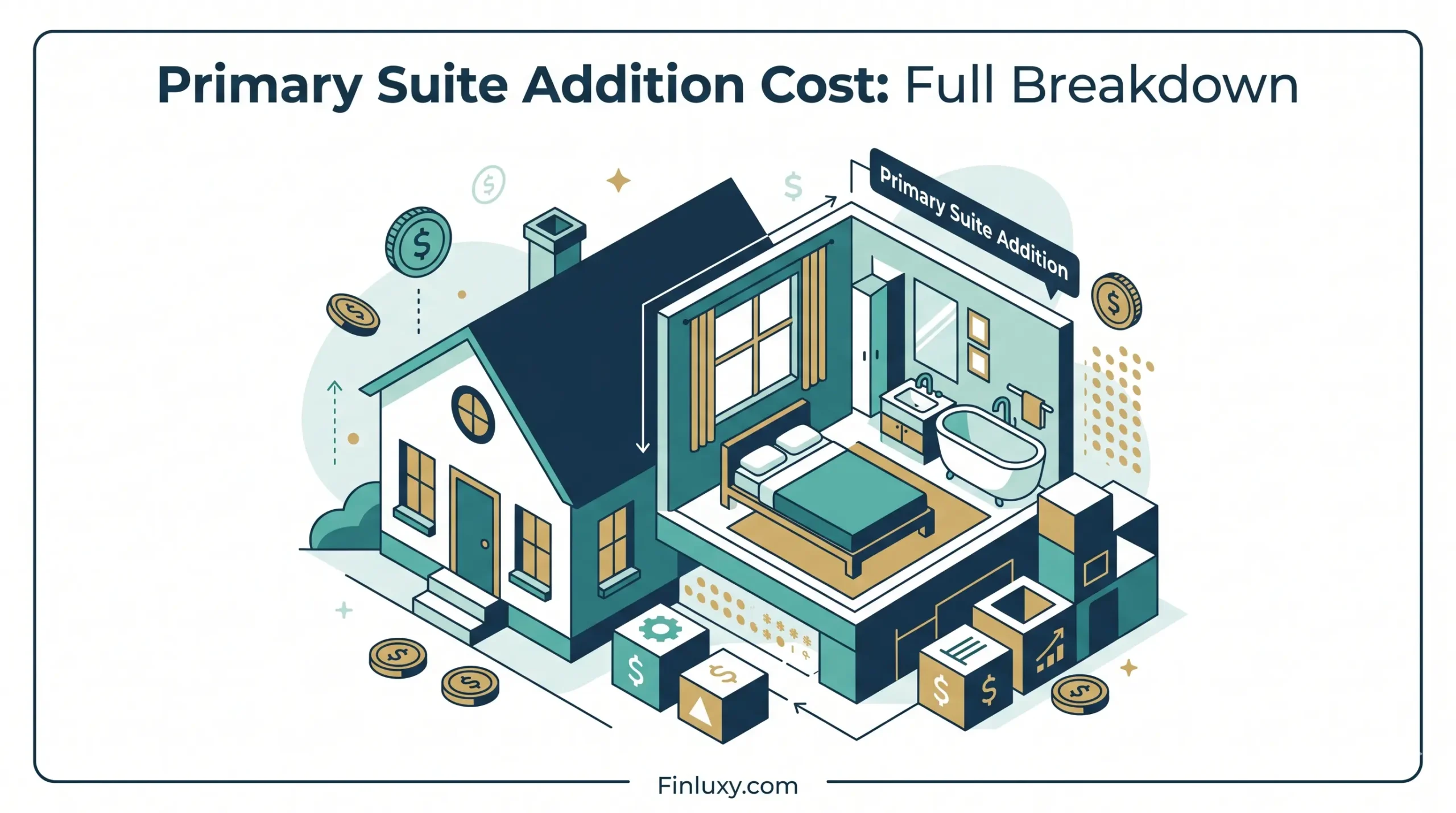 A geometric vector illustration shows a house with a primary suite addition breakdown and money symbols for a Finluxy article.