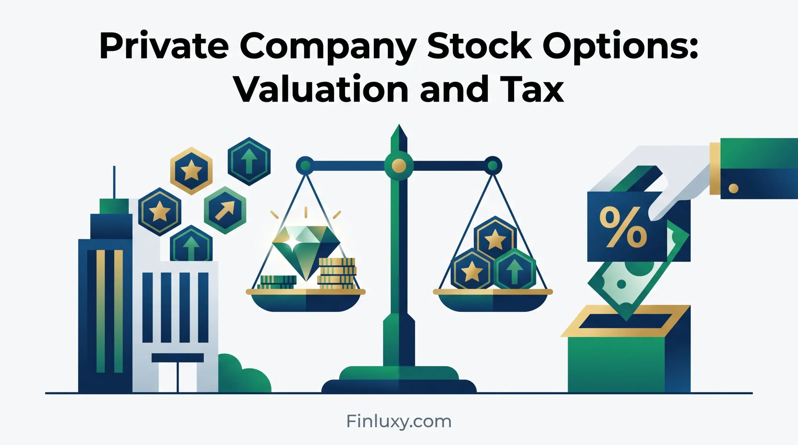 Minimalist geometric illustration of a balance scale weighing assets against stock symbols, alongside a hand handling tax percentage.