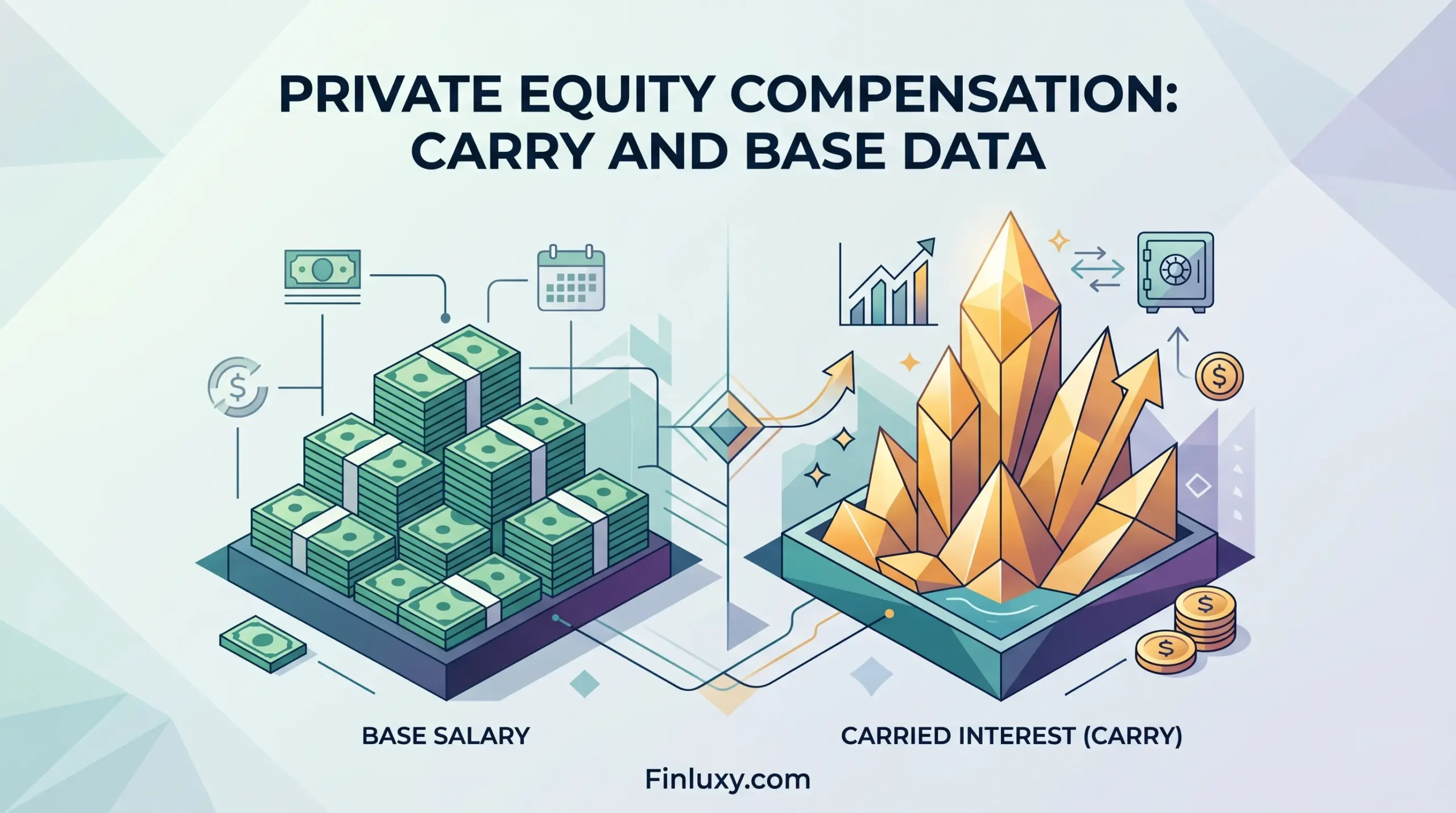 A geometric illustration compares a stack of cash for "Base Salary" with golden peaks for "Carried Interest."