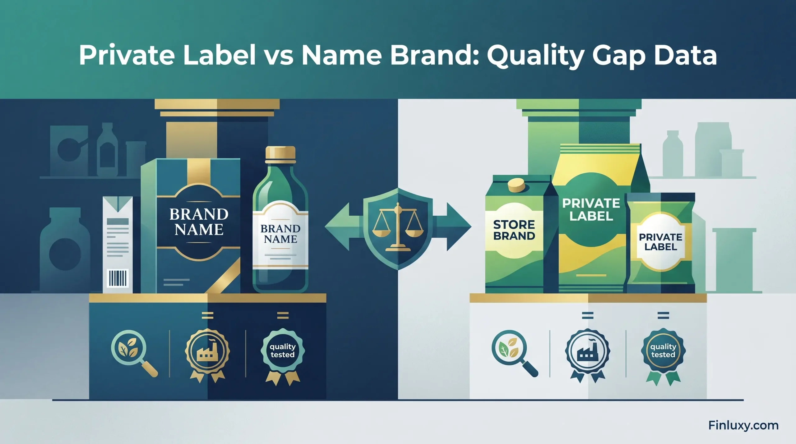 A geometric illustration comparing brand name and private label products with a headline and quality icons.