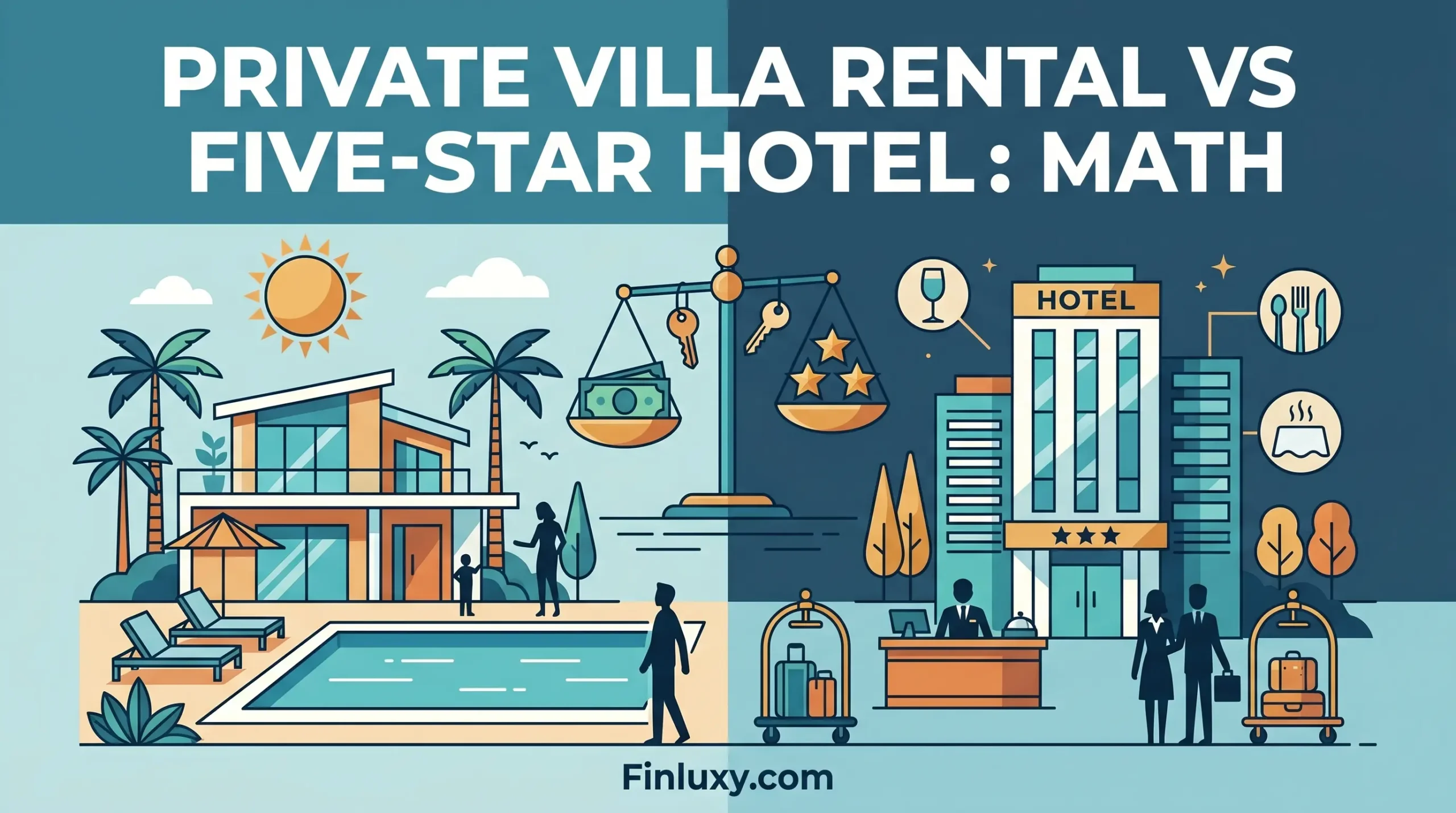 Geometric vector illustration comparing a private luxury villa and a five-star hotel building, separated by a balance scale.