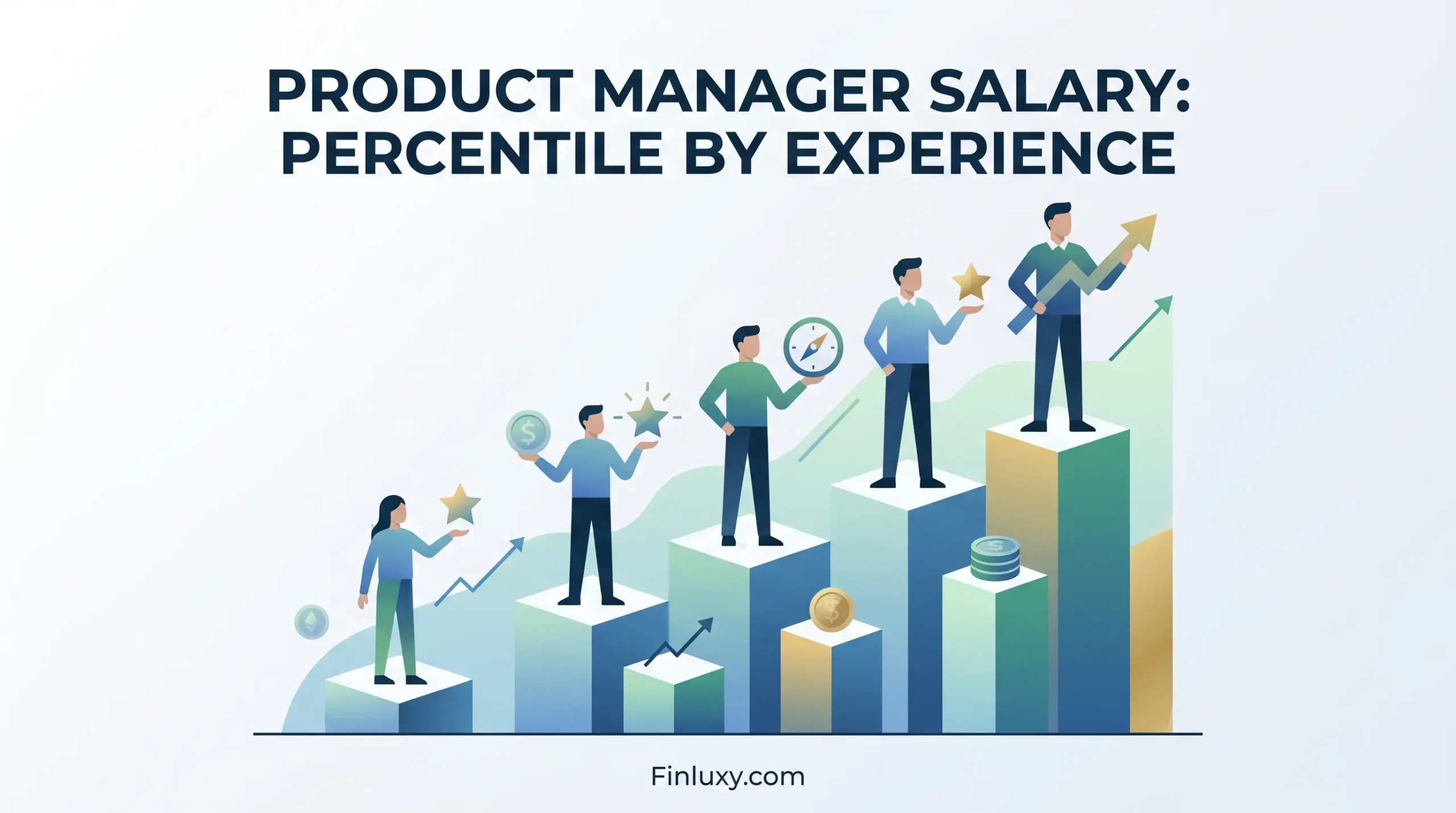 Modern geometric vector illustration depicting an ascending career progression path for product managers with subtle financial elements.