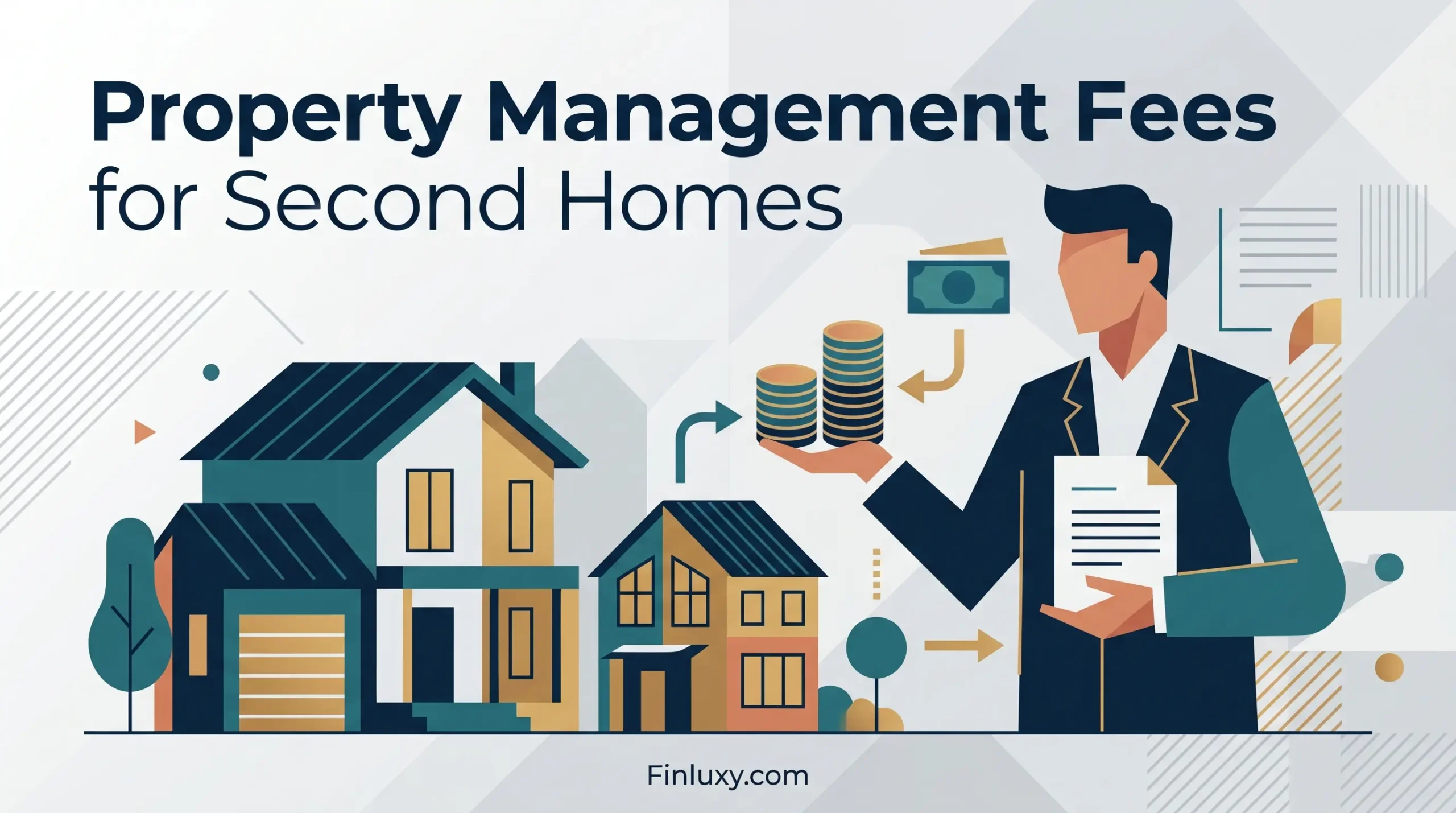 Geometric illustration of a faceless figure managing coins next to two houses, titled Property Management Fees for Second Homes.