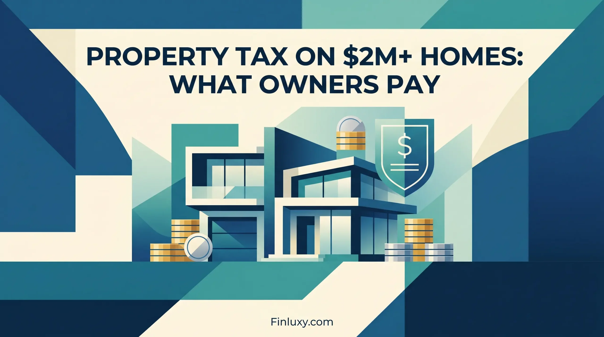 Geometric illustration of a modern luxury home with a tax shield and coin stacks, for a Finluxy article on property tax.