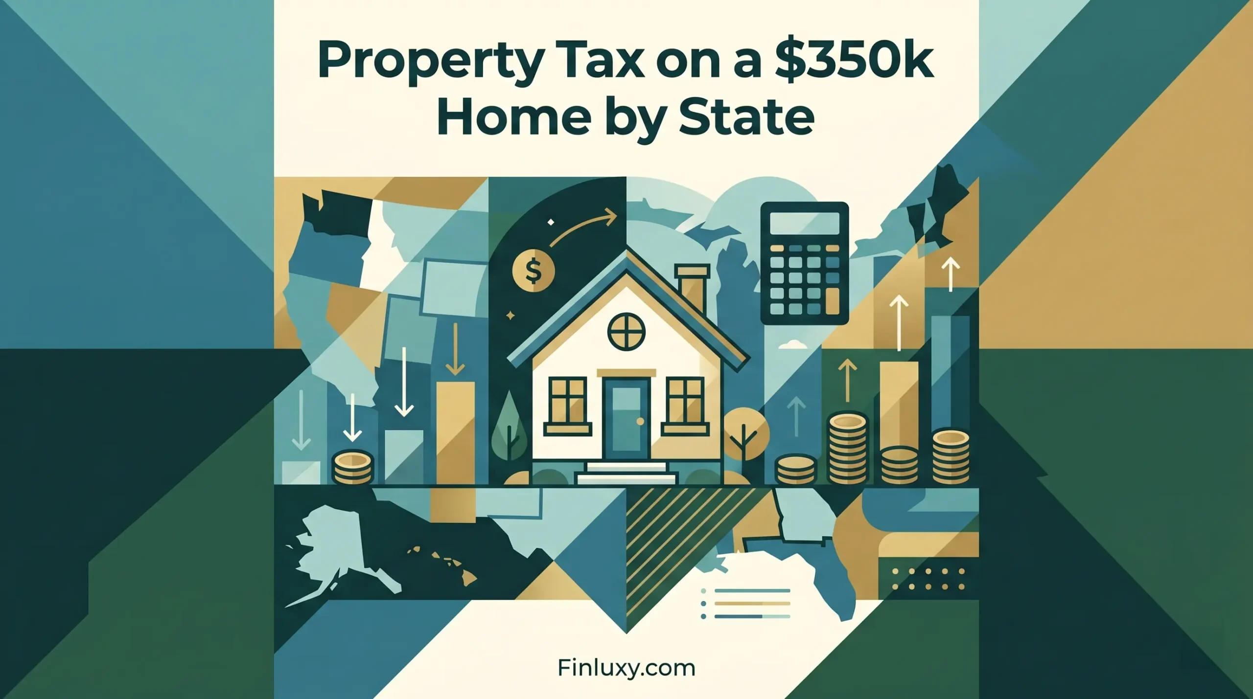 Geometric vector illustration for Property Tax on a $350k Home by State, with a stylized map and a central house.