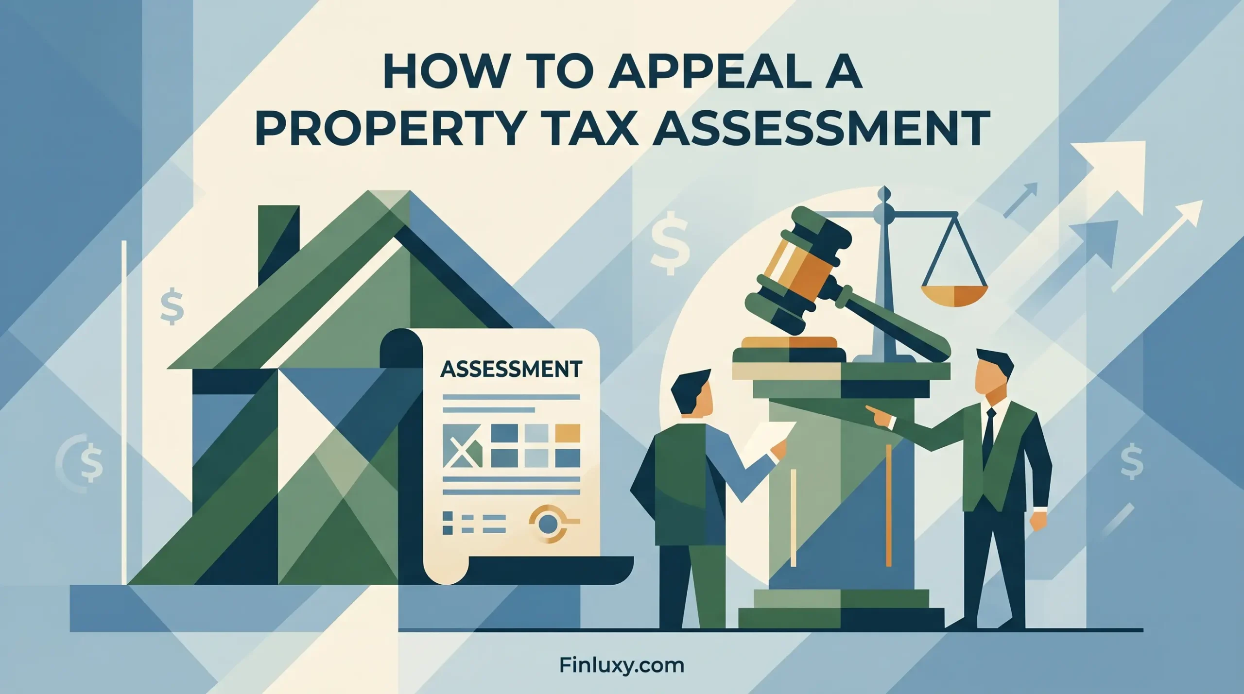Geometric vector illustration for appealing a property tax assessment, featuring a house, legal scales, and a gavel.