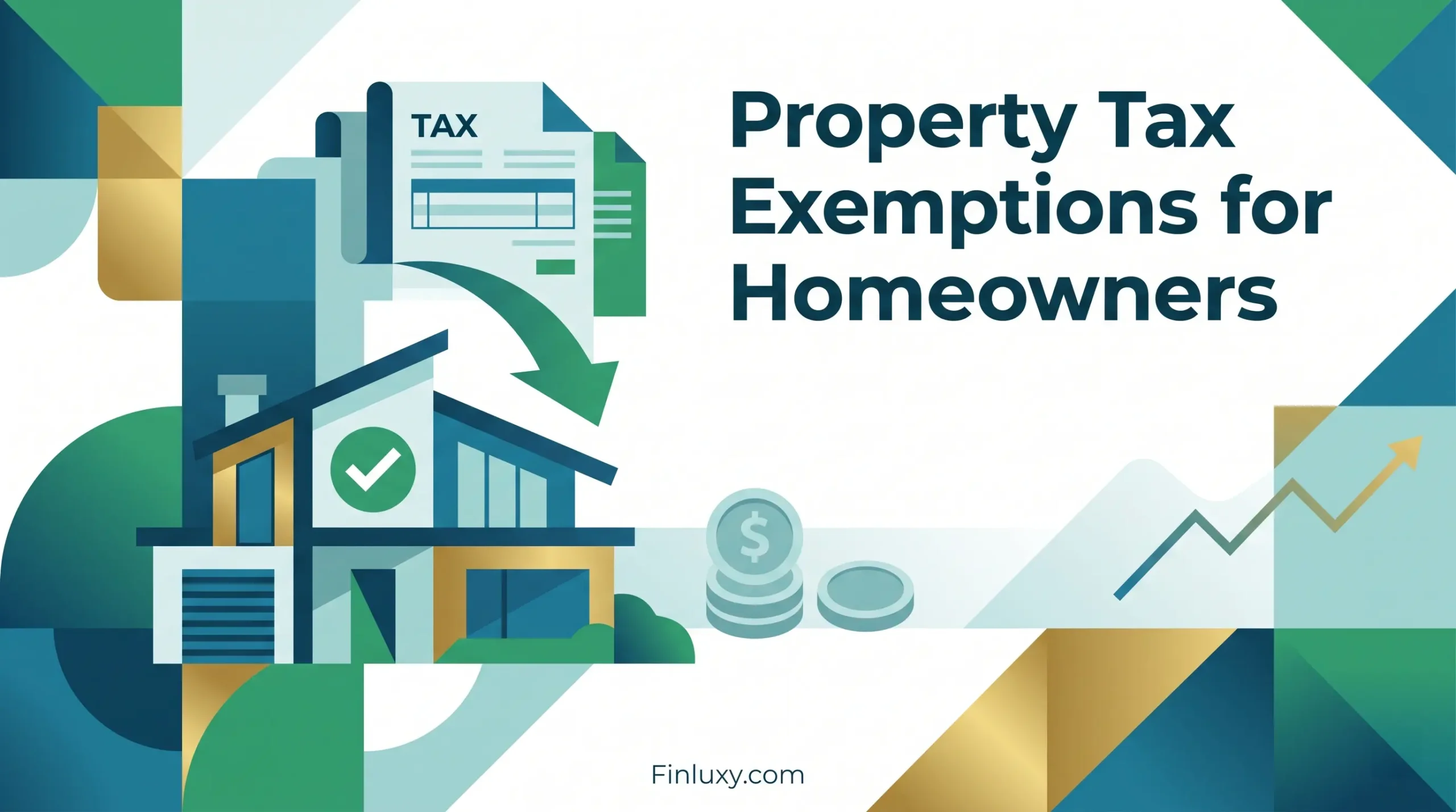 Geometric vector illustration for Property Tax Exemptions for Homeowners article, featuring a stylized house with a checkmark and tax documents.