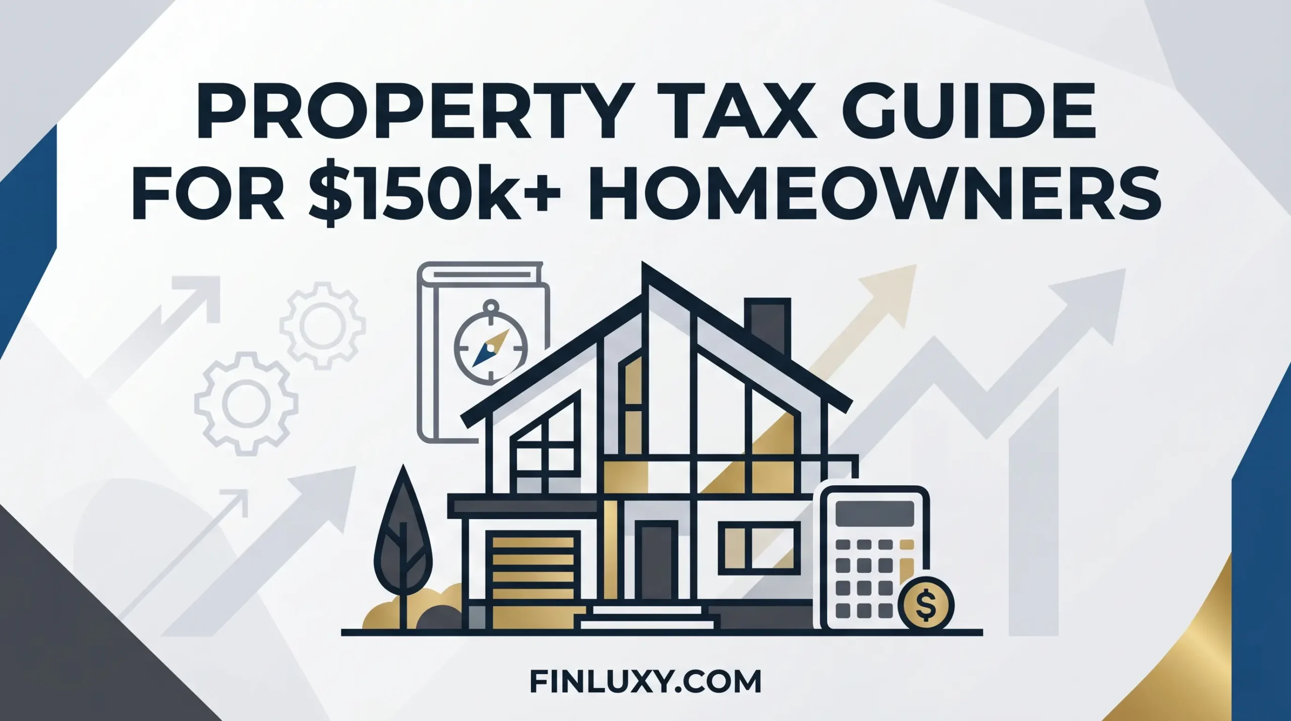 Minimalist illustration of a house, calculator, and guidebook for a property tax article.
