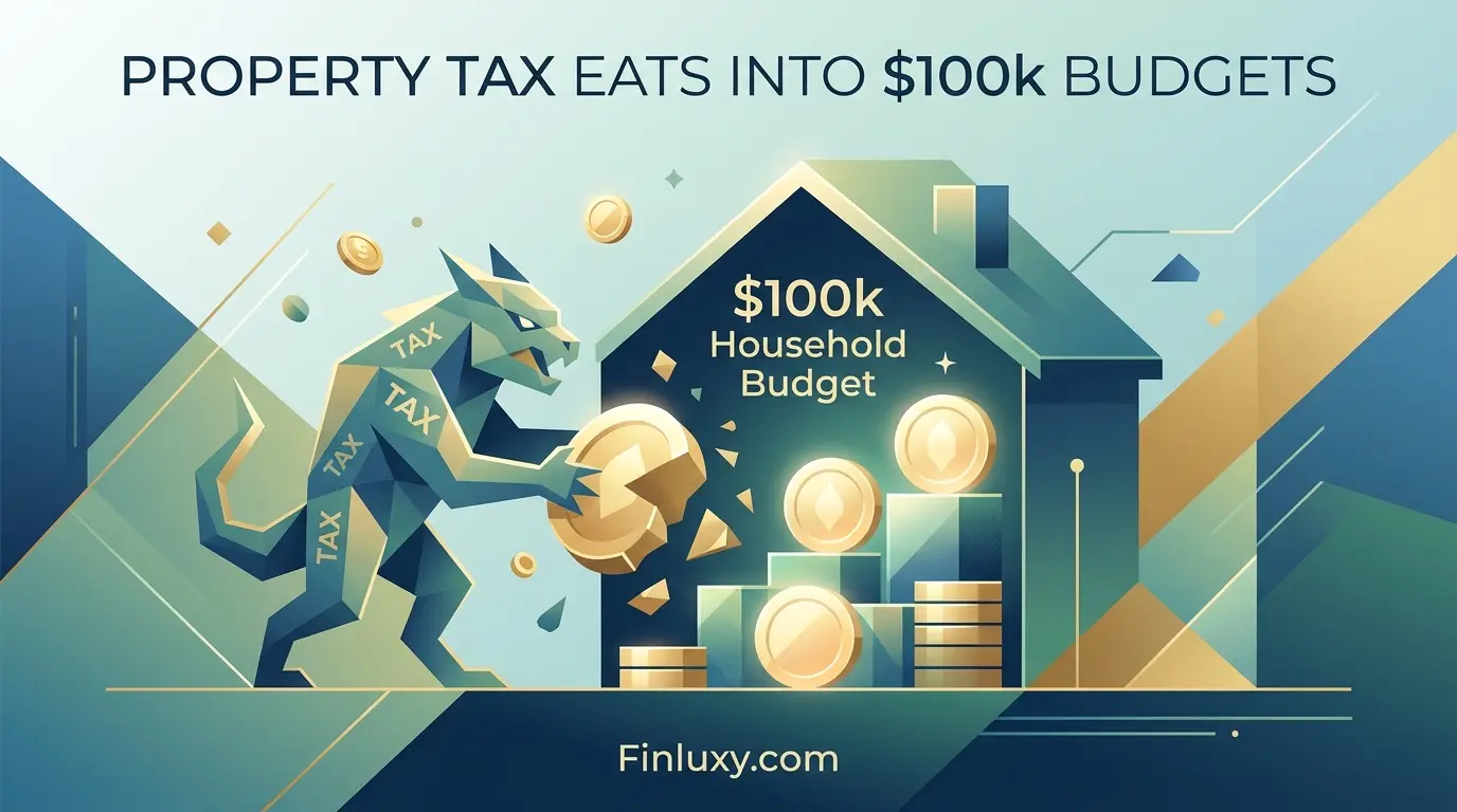 Geometric vector illustration of a tax creature eating gold coins representing property tax impacting a $100k budget.