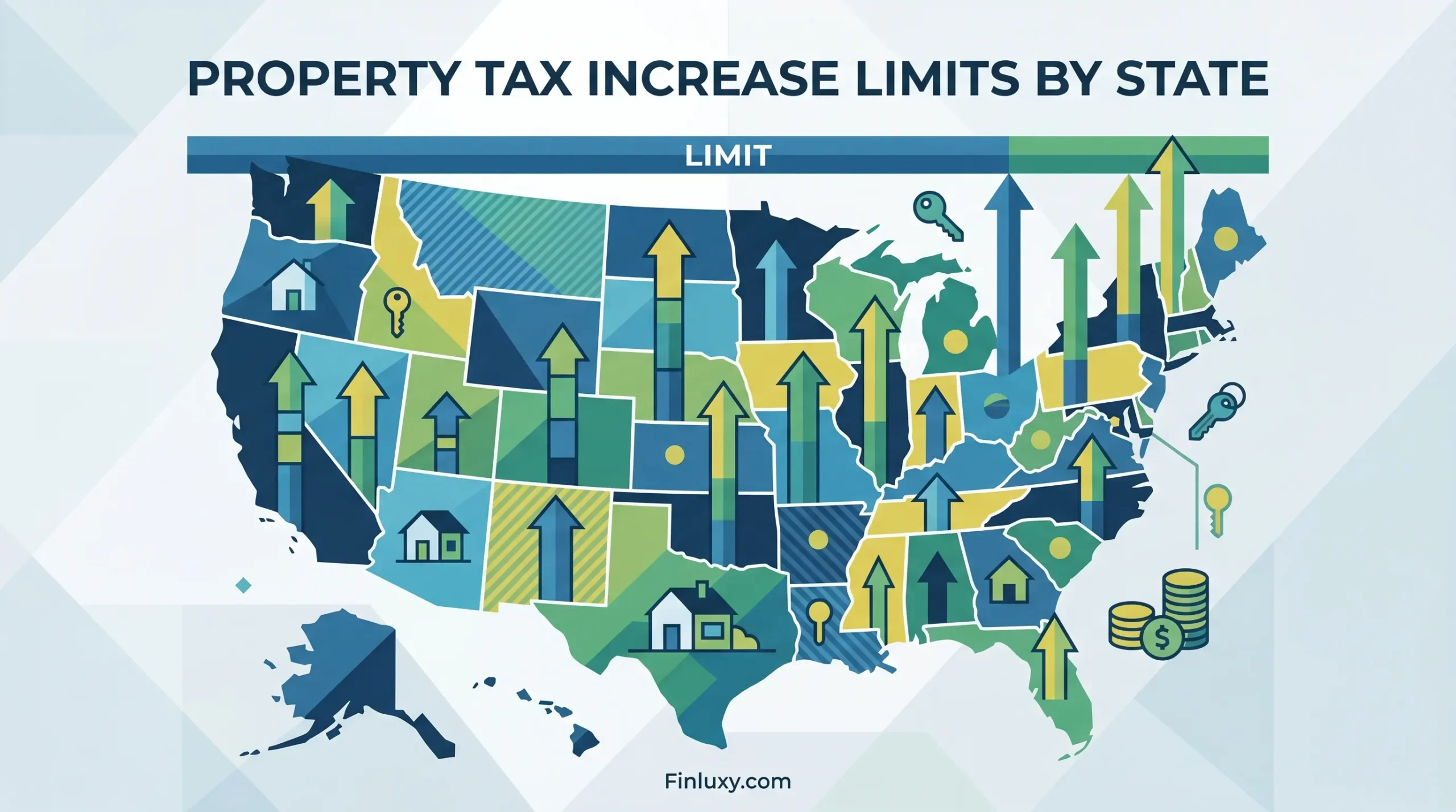 A stylized geometric vector illustration of a US map with upward arrows hitting a ceiling, representing property tax limits.