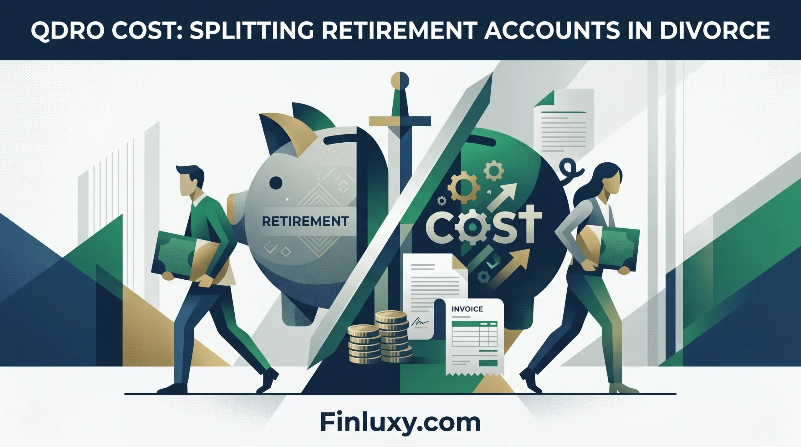 Geometric illustration showing a piggy bank being split in two by a sword to represent dividing retirement assets.
