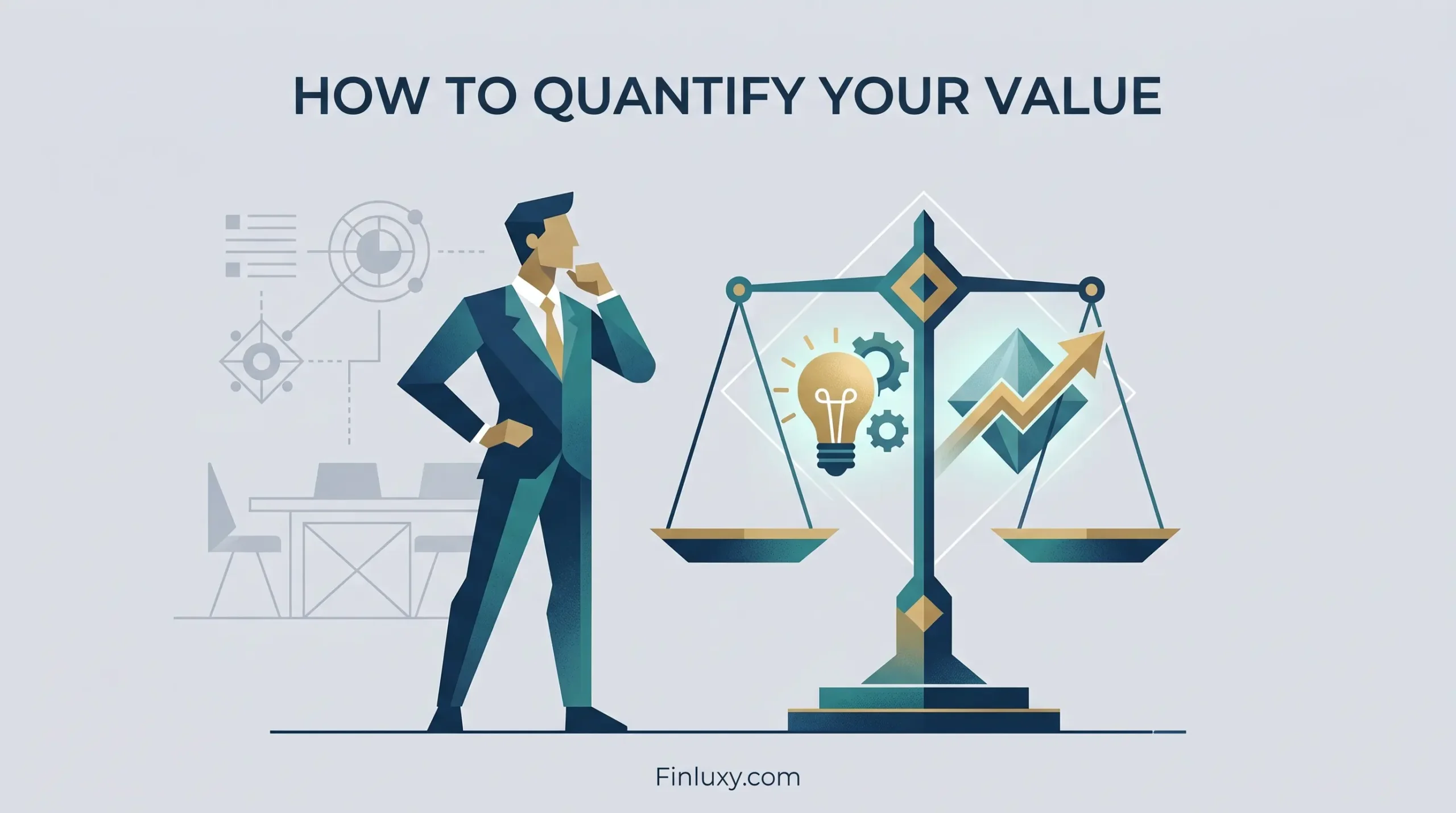 Geometric vector illustration of a professional weighing a lightbulb and a growth arrow on a scale, symbolizing personal value.