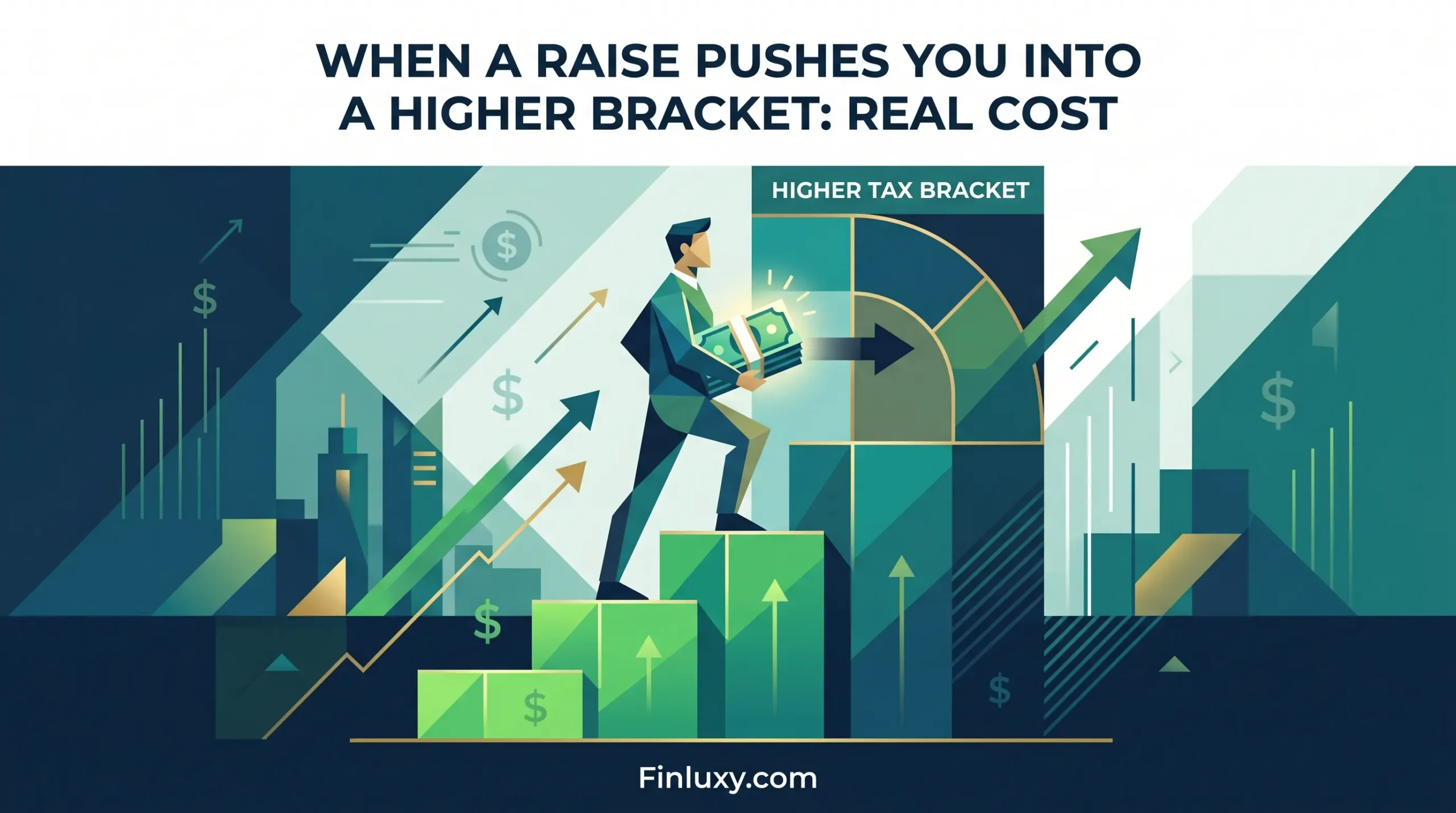 A geometric vector illustration shows a professional climbing steps of increasing money towards a higher tax bracket level.