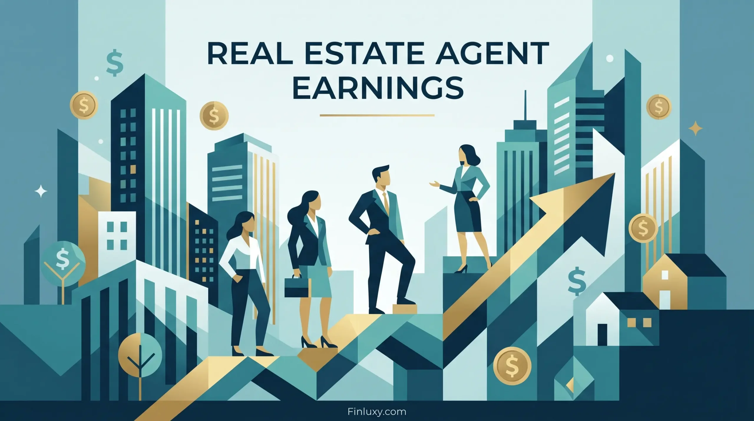 Geometric illustration showing abstract figures standing on upward-trending financial steps against a cityscape with gold coins, representing high real estate agent earnings for Finluxy.com.