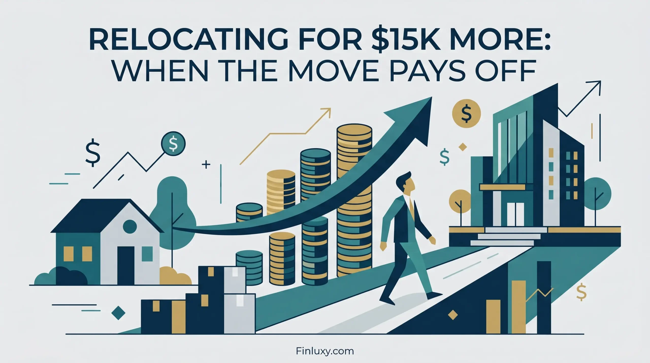 A geometric vector illustration showing a person moving from a house to a large building with increasing money stacks.