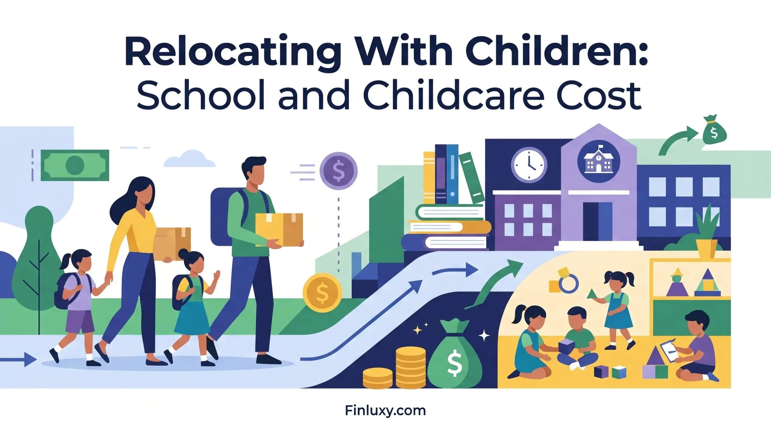 Vector illustration showing a family moving toward a school and daycare center, representing relocation and childcare costs for Finluxy.com.