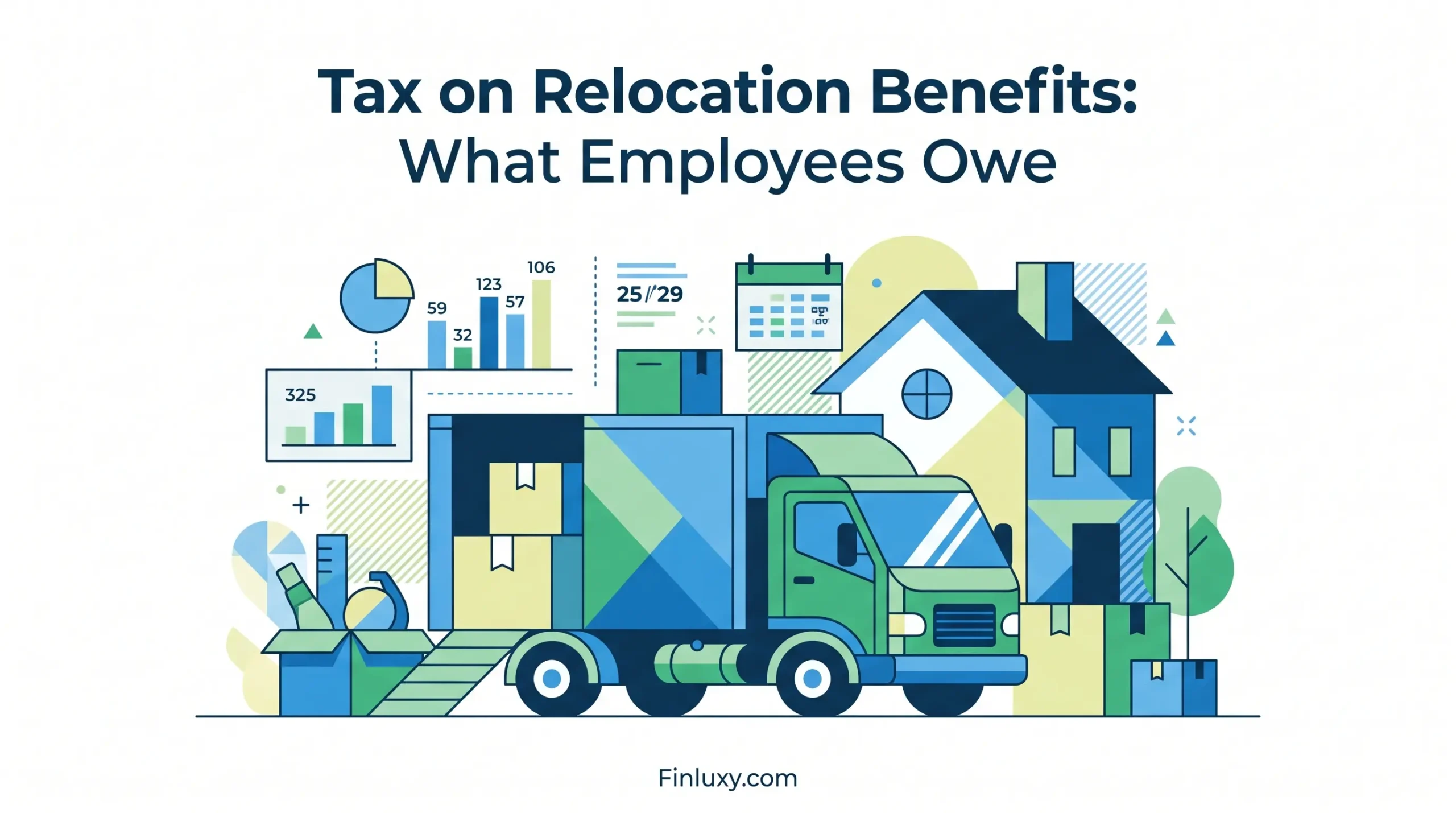 Geometric vector illustration of a moving truck and house with abstract data charts, titled 'Tax on Relocation Benefits'.