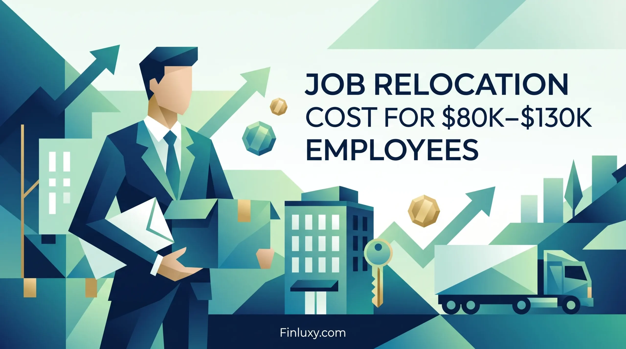 Geometric vector illustration of a professional holding a moving box next to text reading "Job Relocation Cost for $80k–$130k Employees".
